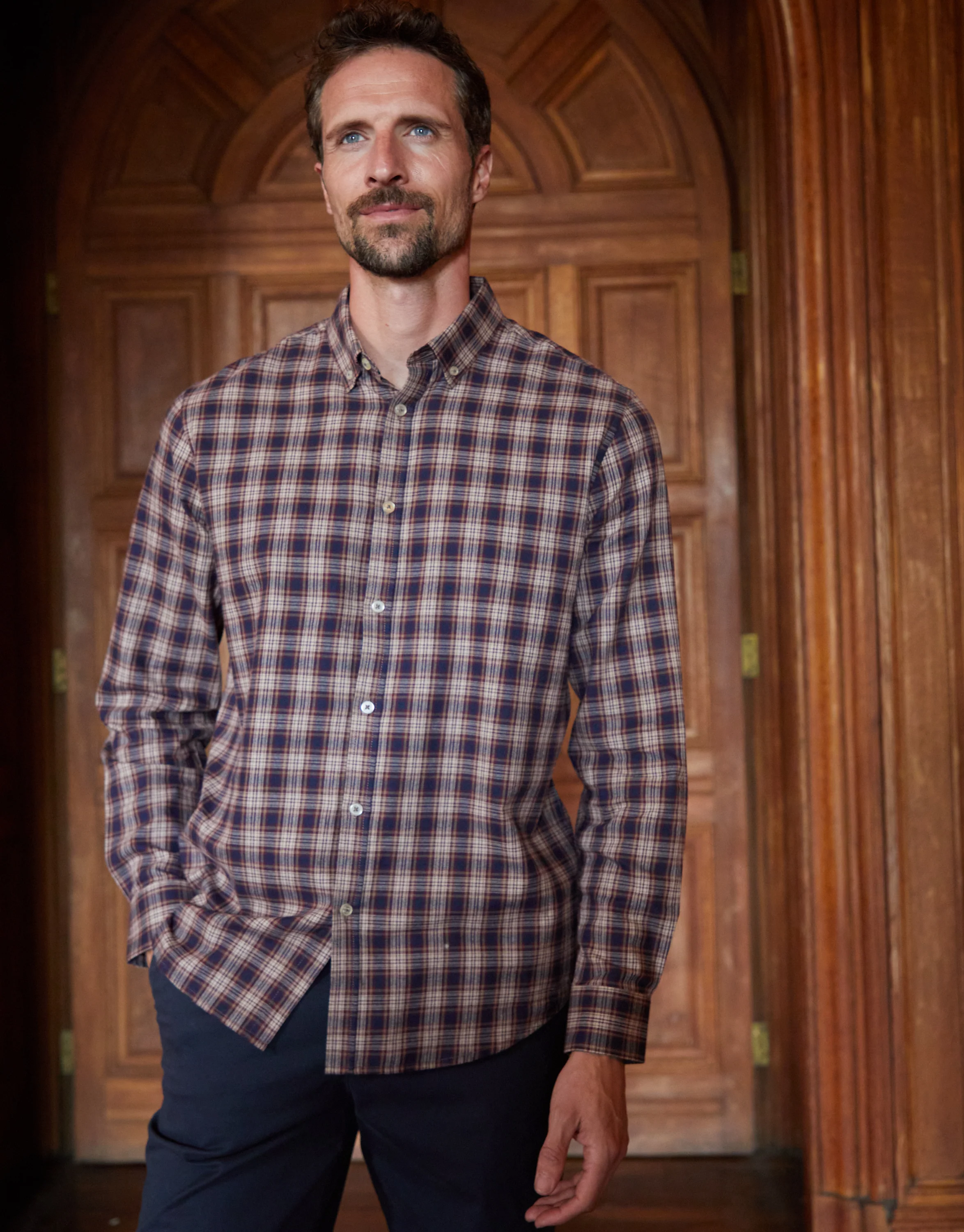 Brushed Flannel Long Sleeve Shirt in Brown Check - Image 5