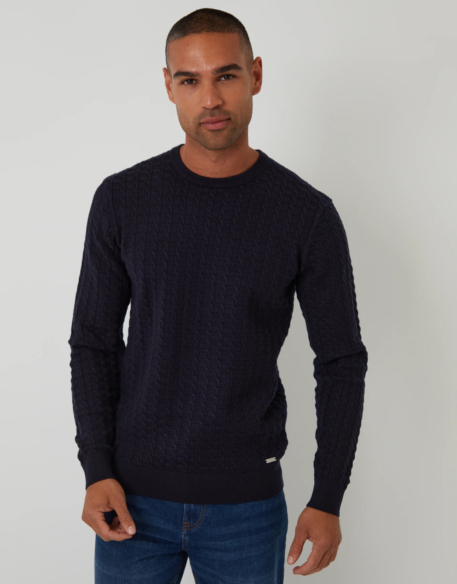 Cable Knit Crew Neck Jumper in Navy
