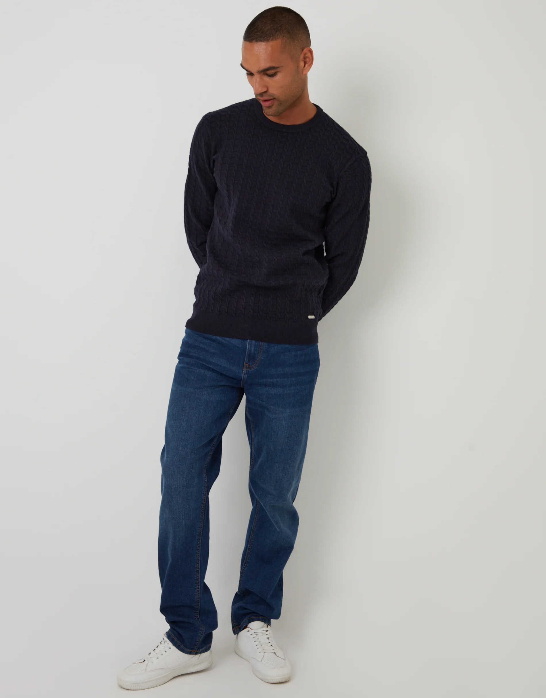 Cable Knit Crew Neck Jumper in Navy - Image 3