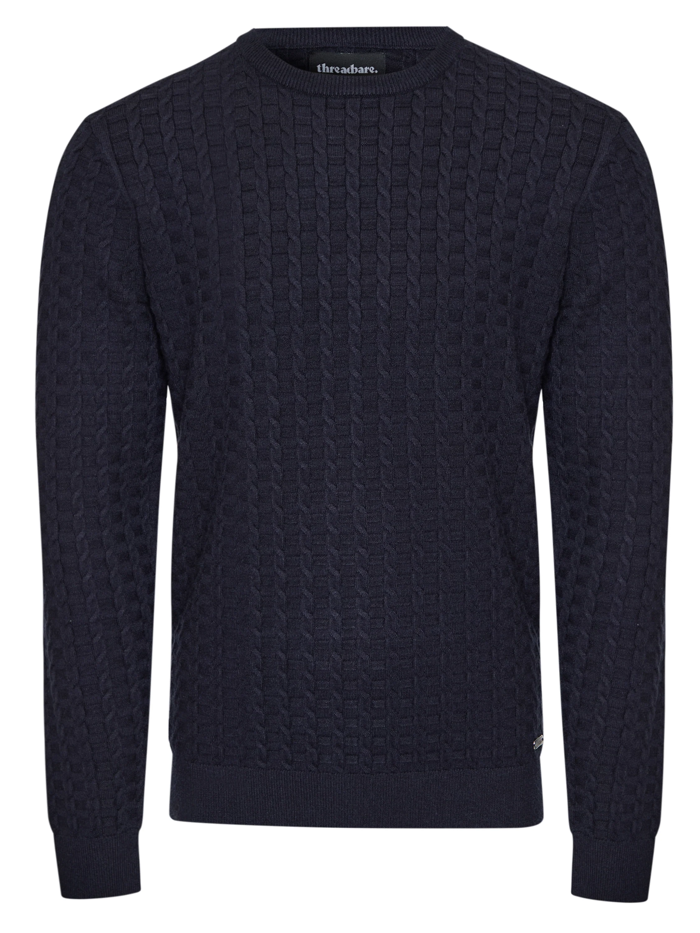 Cable Knit Crew Neck Jumper in Navy - Image 7