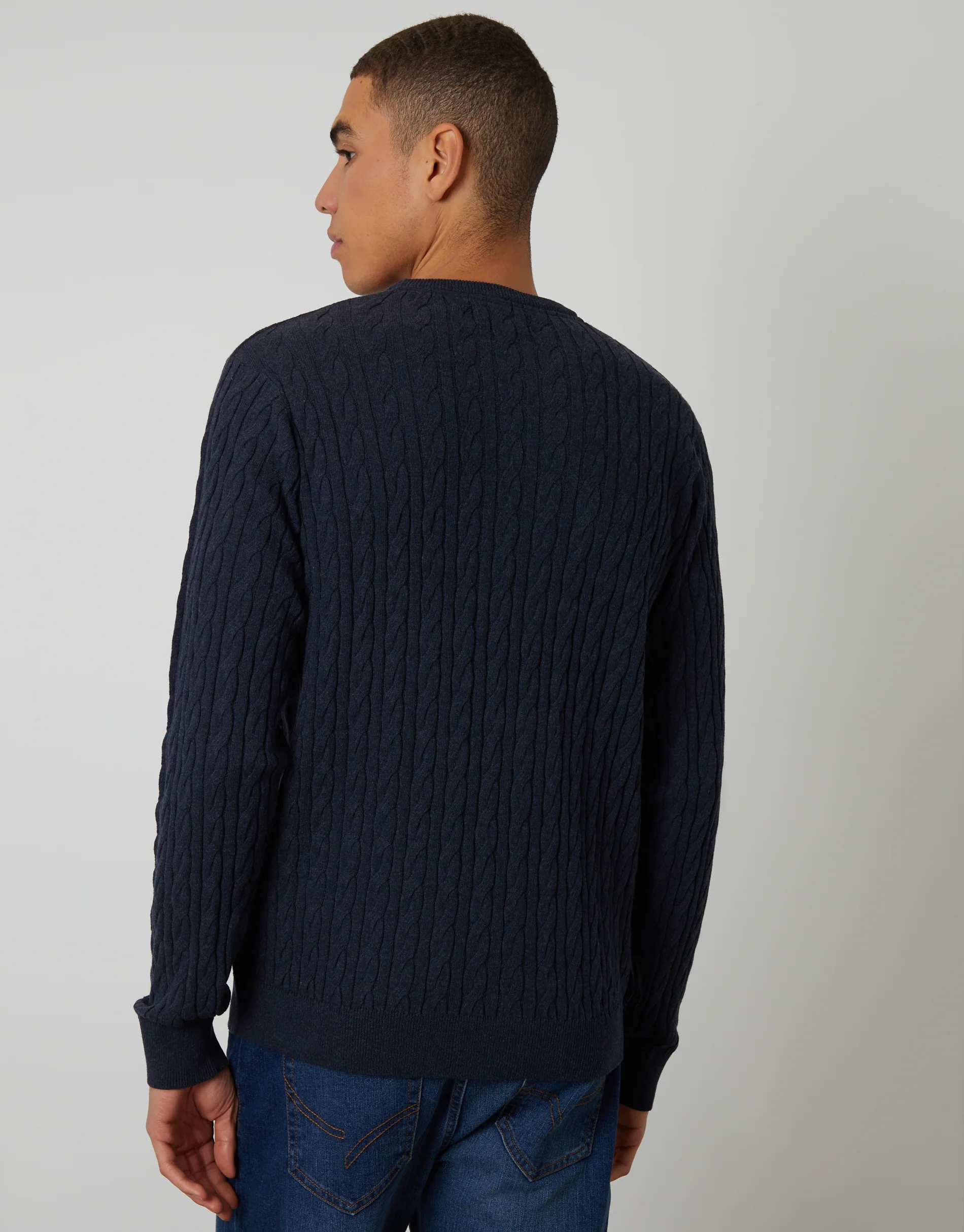 Cable Knit Crew Neck Jumper in Navy - Image 2