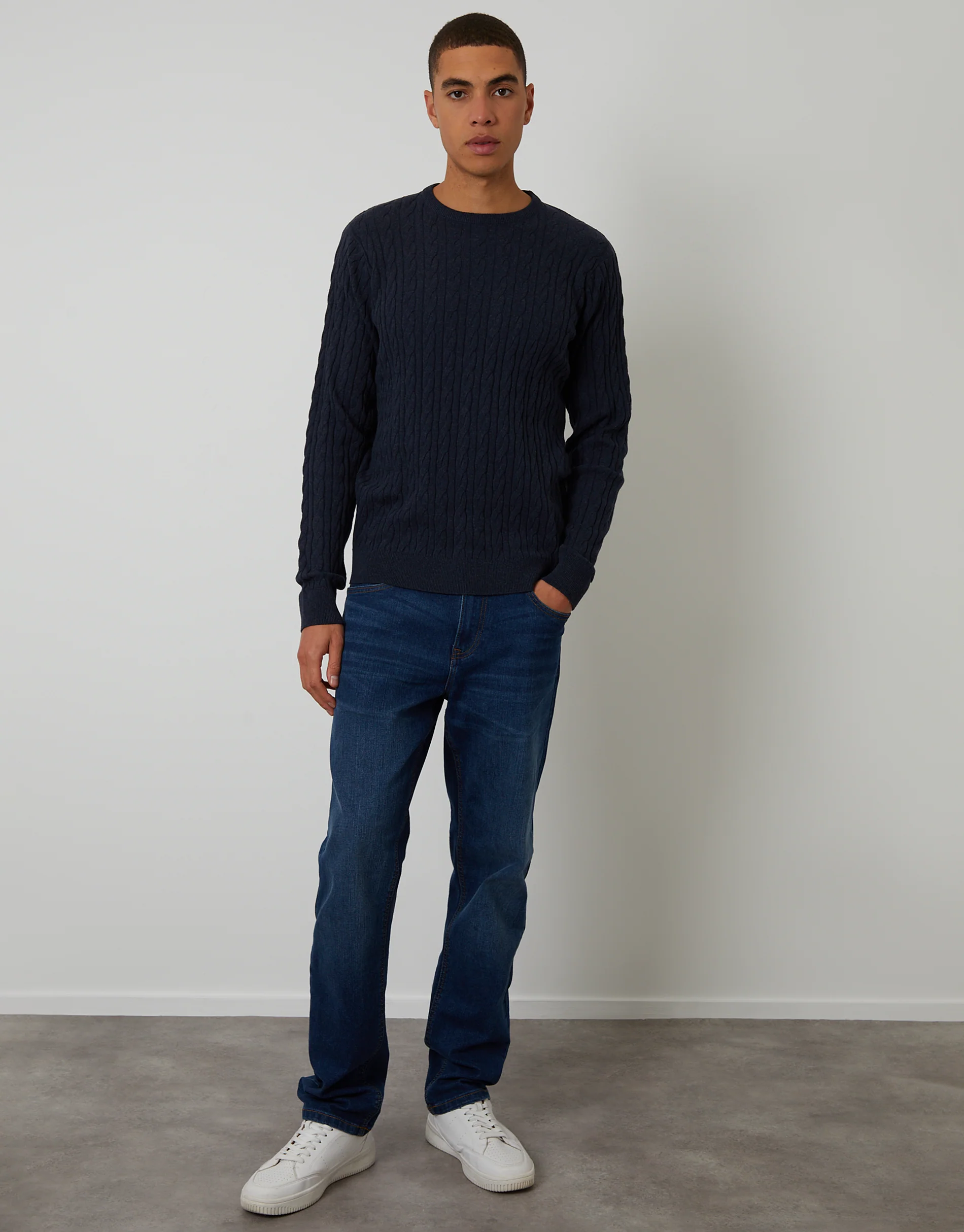 Cable Knit Crew Neck Jumper in Navy - Image 3