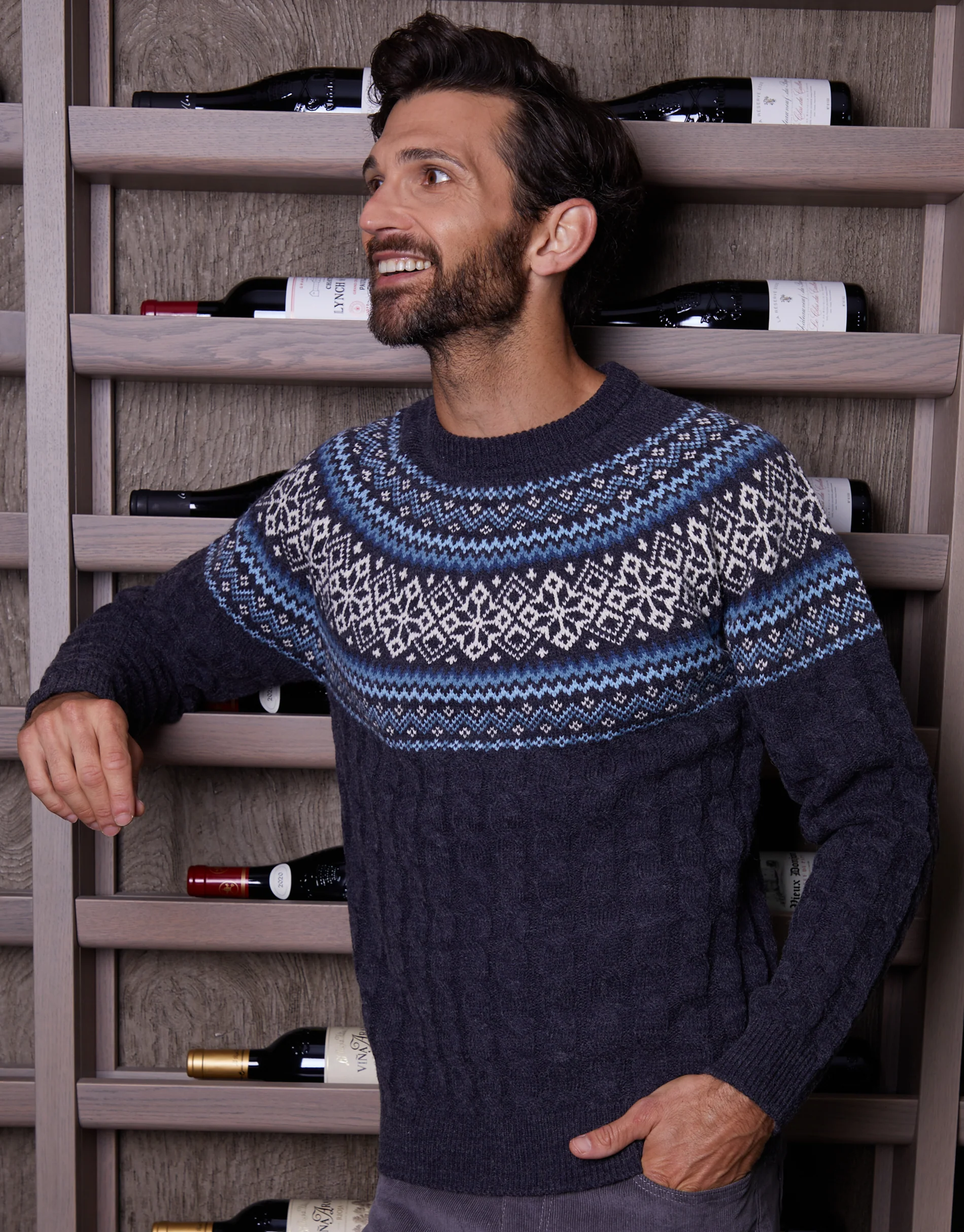 Cable Knit Fairisle Crew Neck Christmas Jumper in Navy