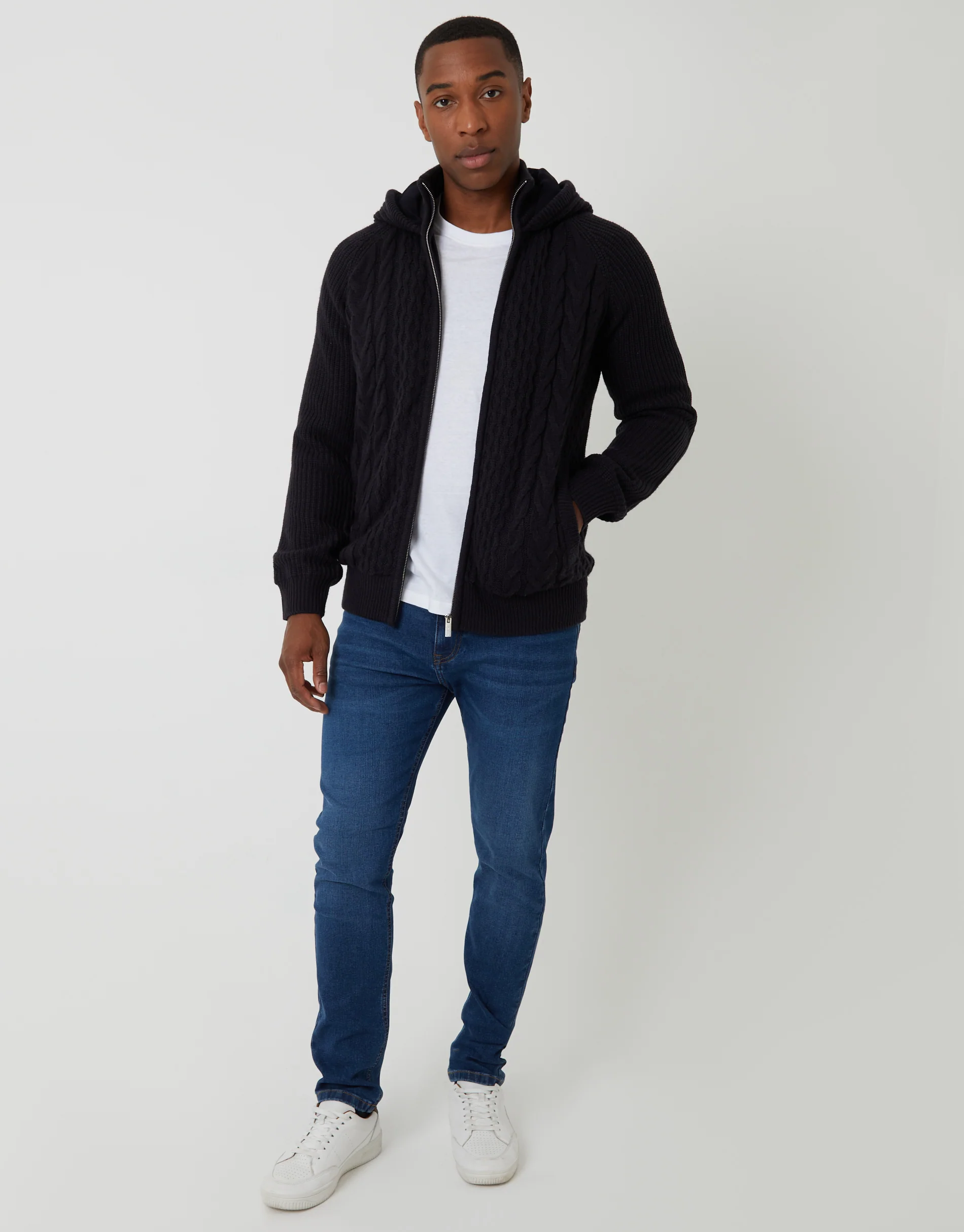 Cable Knit Microfleece Lined Zip Through Hoodie in Navy - Image 3