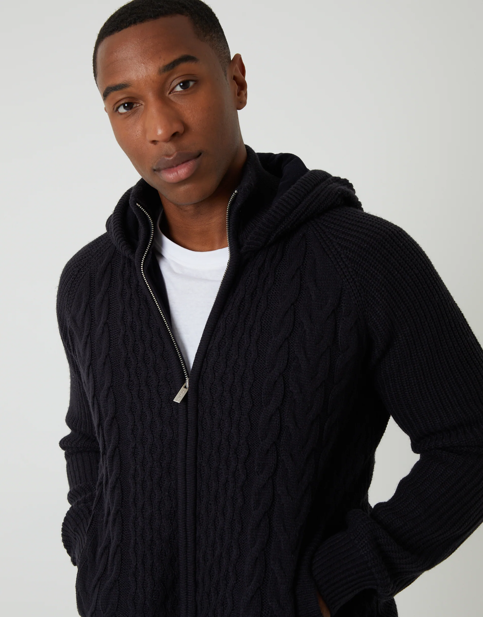Cable Knit Microfleece Lined Zip Through Hoodie in Navy - Image 4