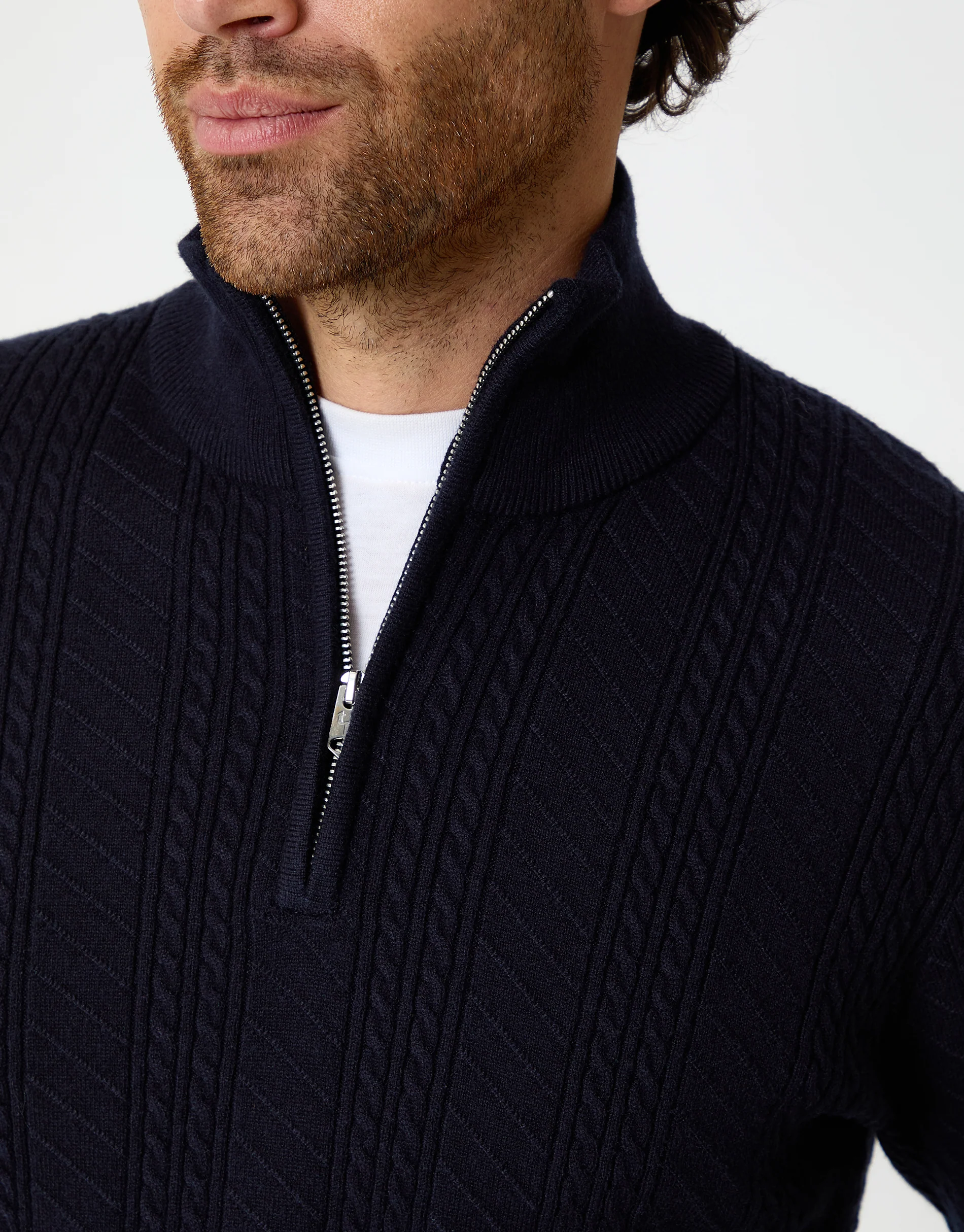 Cable Knit Quarter Zip Jumper in Navy - Image 4