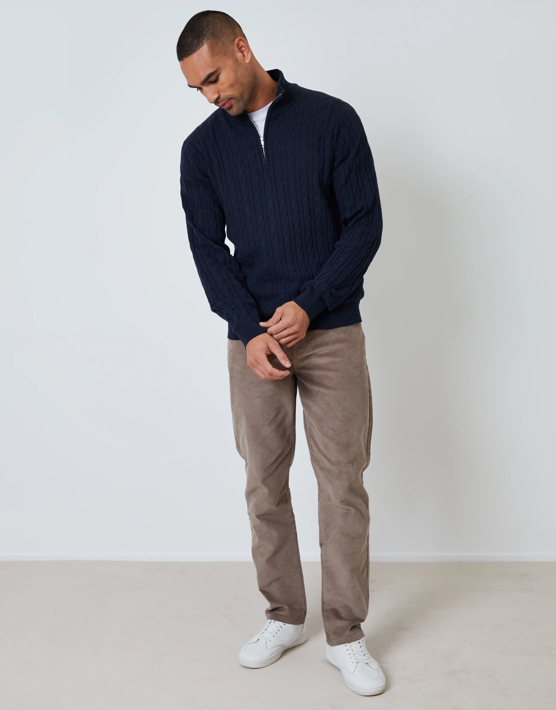 Cable Knit Quarter Zip Jumper in Navy - Image 3
