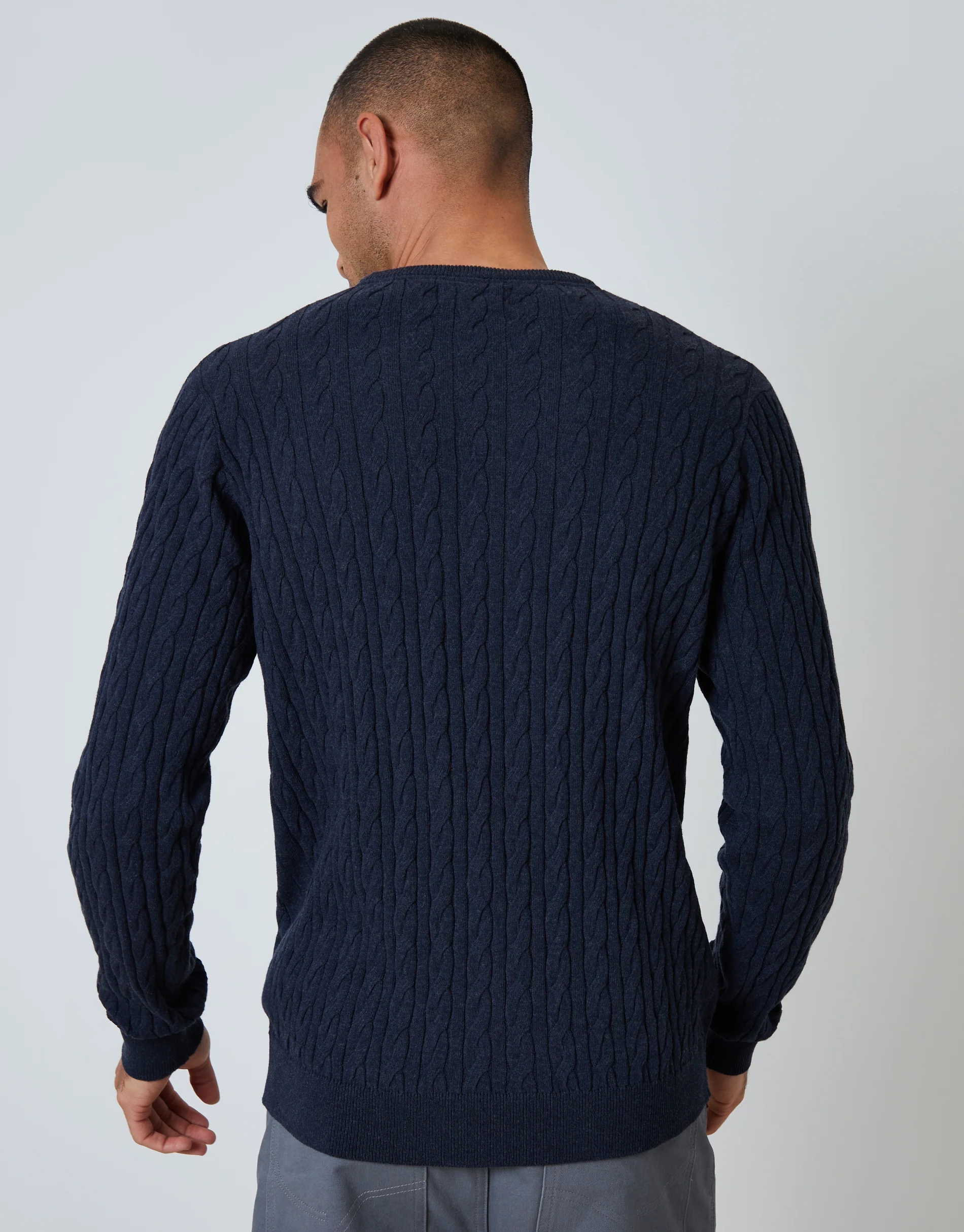 Cable Knit Rib Crew Neck Jumper in Navy - Image 2