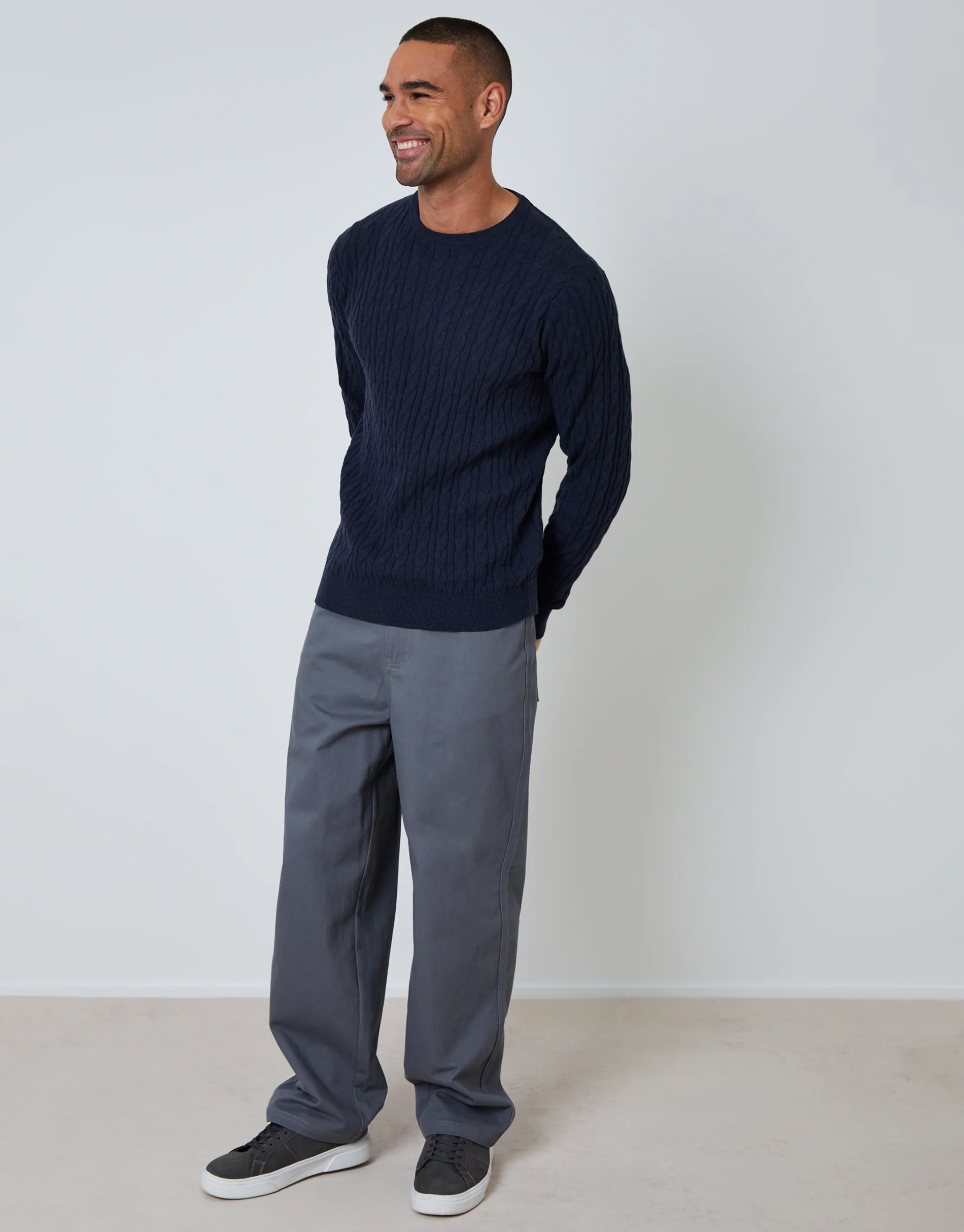 Cable Knit Rib Crew Neck Jumper in Navy - Image 3