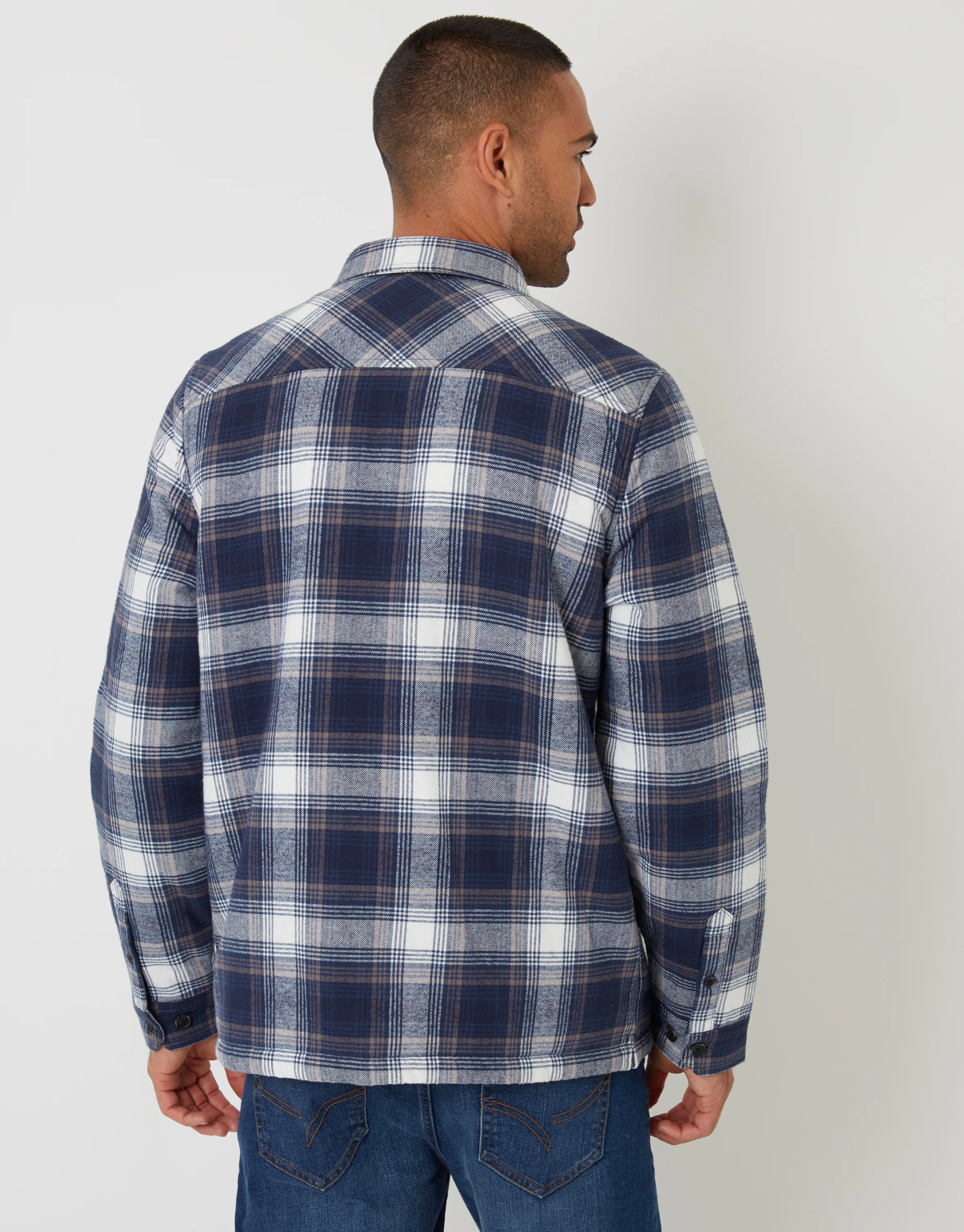 Brushed Borg Lined Shacket in Navy Check - Image 2