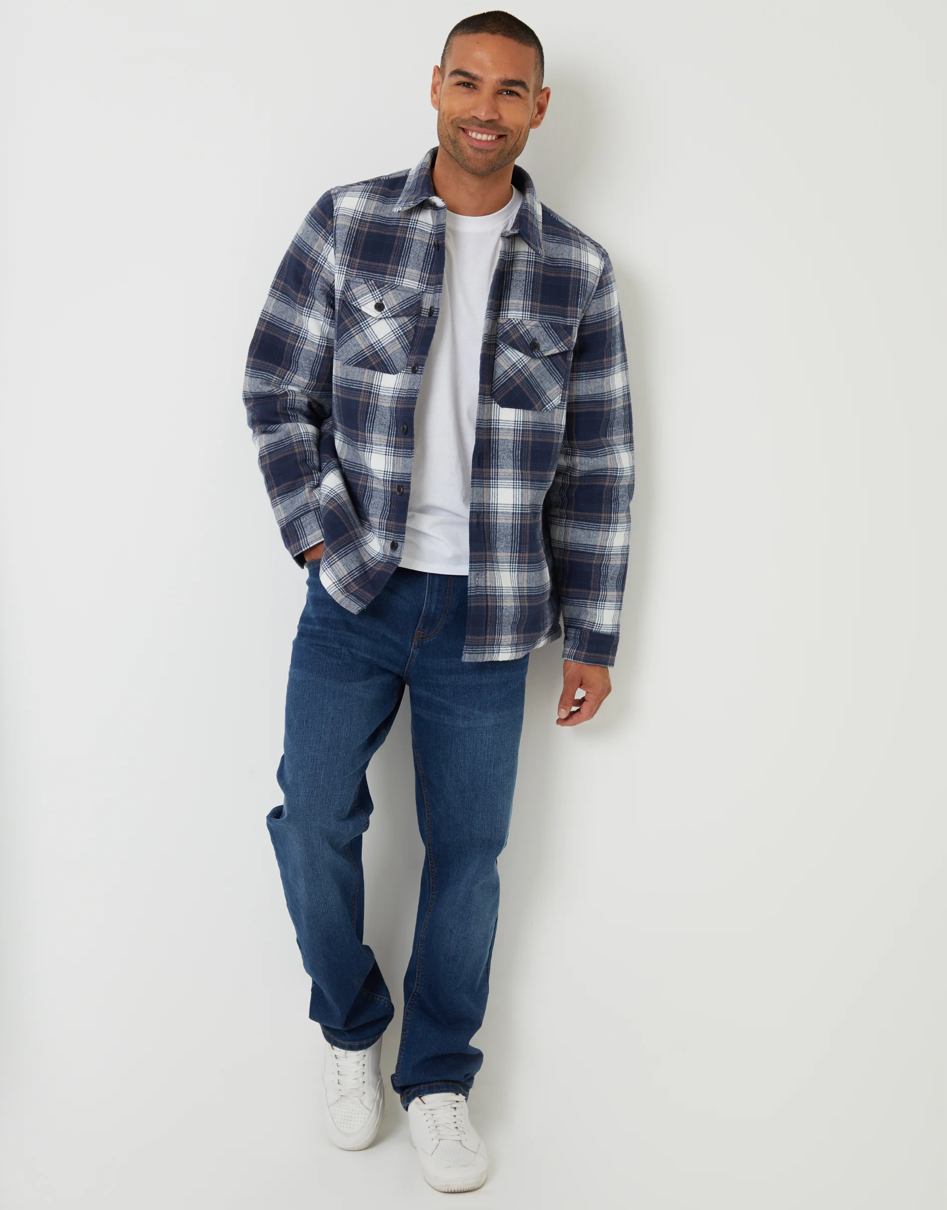 Brushed Borg Lined Shacket in Navy Check - Image 3