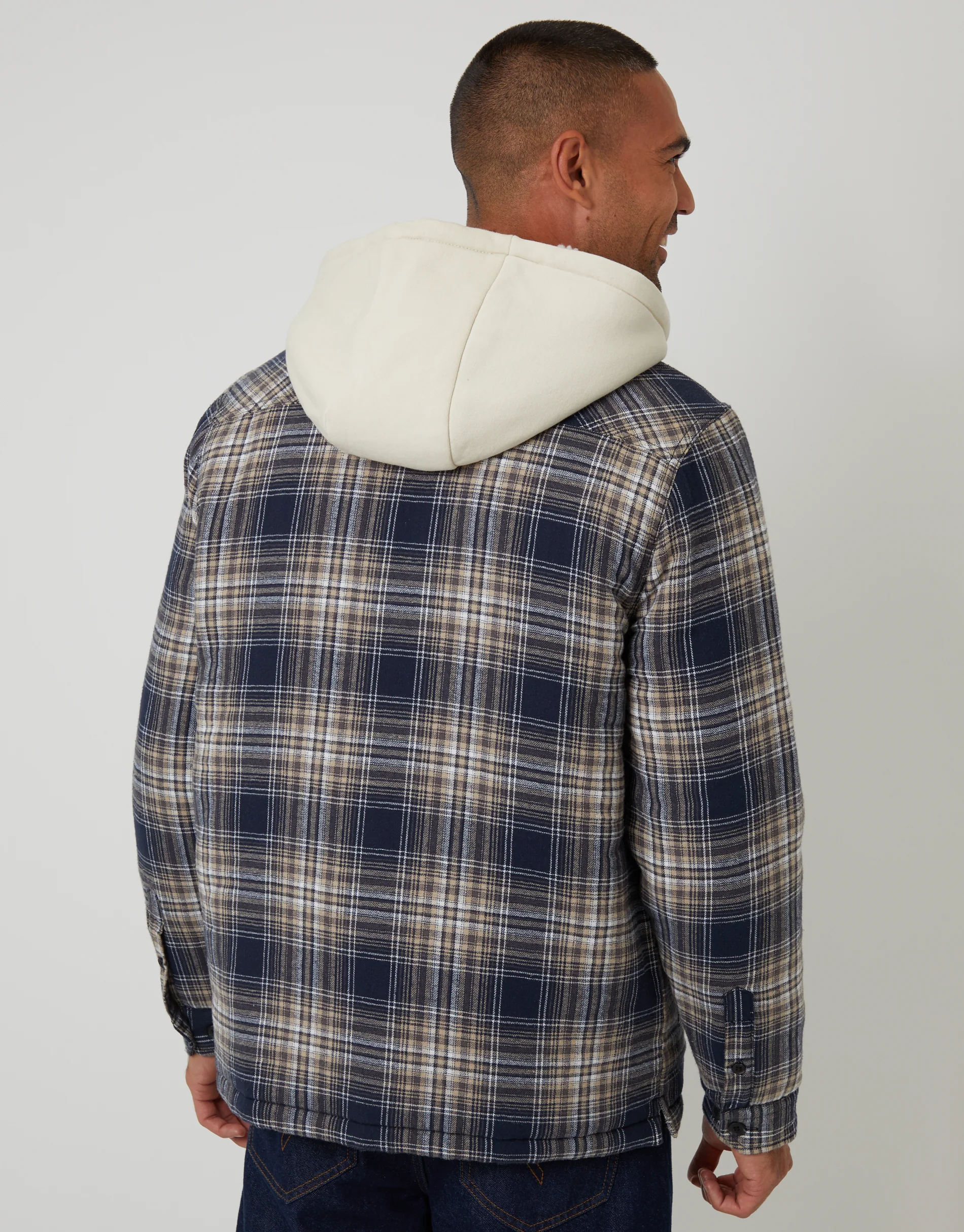 Quilted Shacket with Borg Lined Hood in Navy Check - Image 2