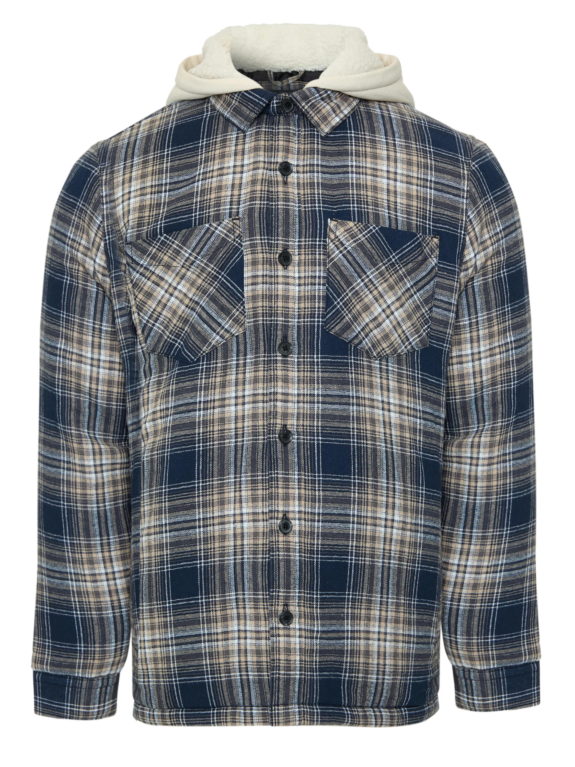 Quilted Shacket with Borg Lined Hood in Navy Check - Image 7