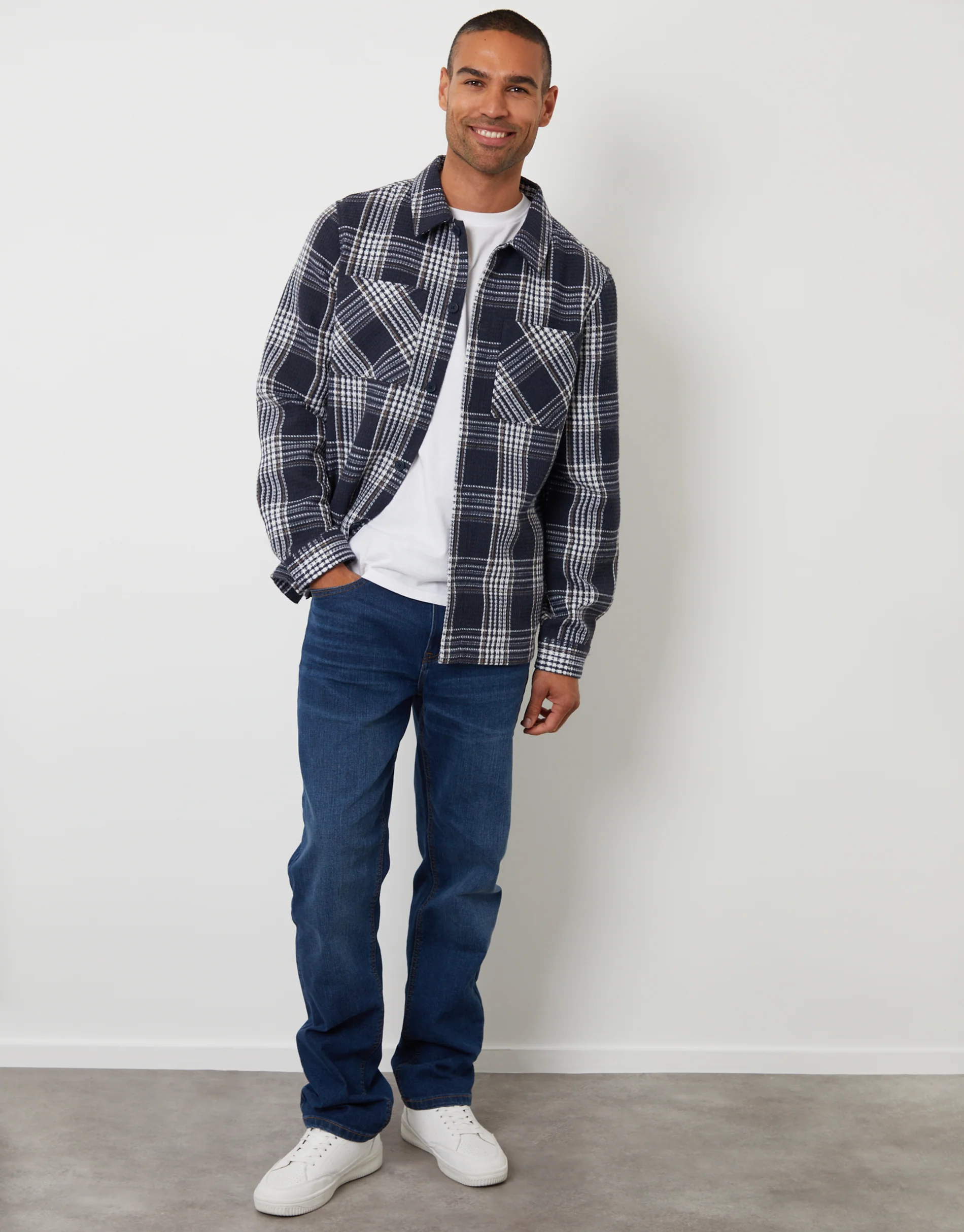 Waffle Textured Shacket in Navy Check - Image 3