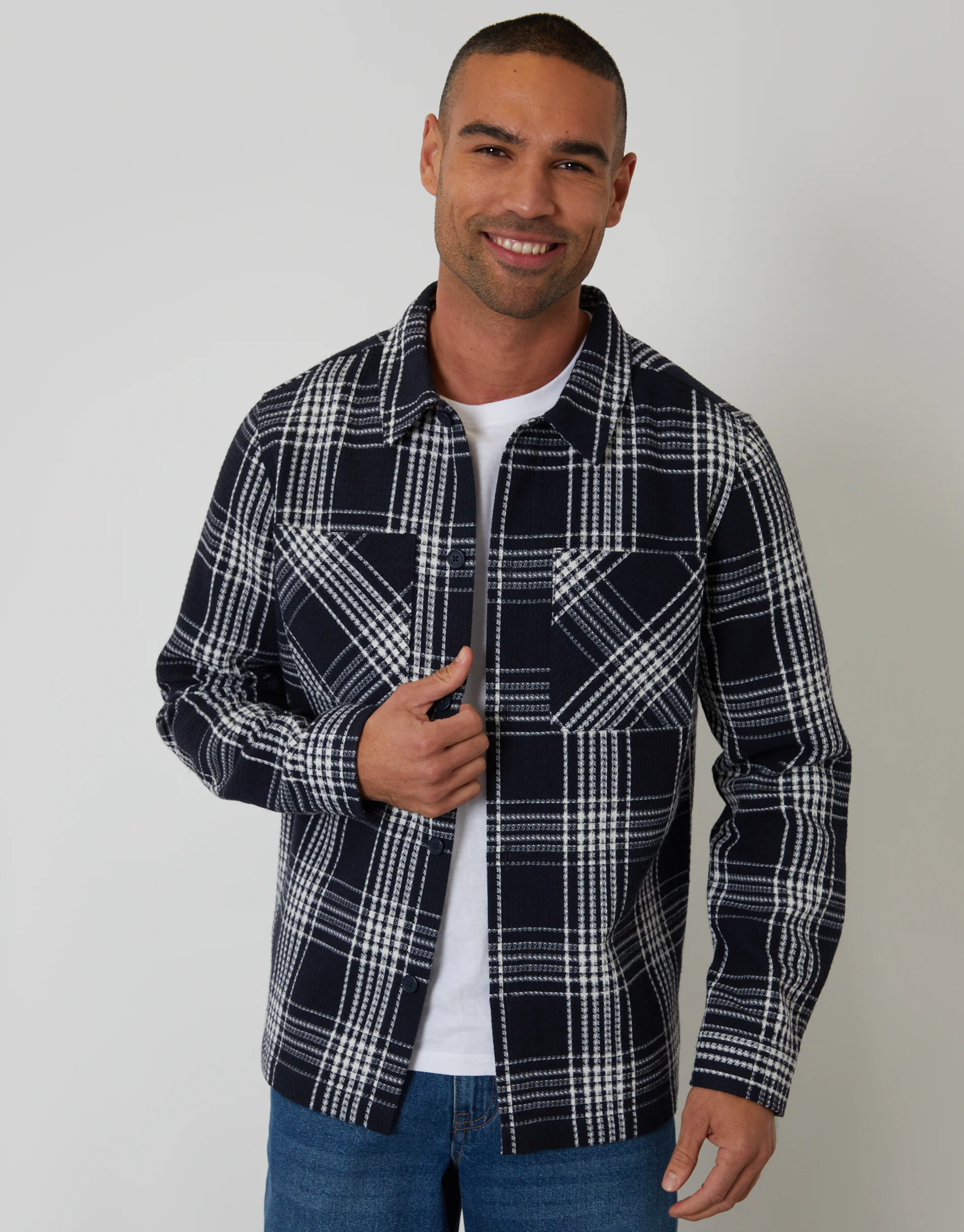 Waffle Textured Shacket in Navy Check