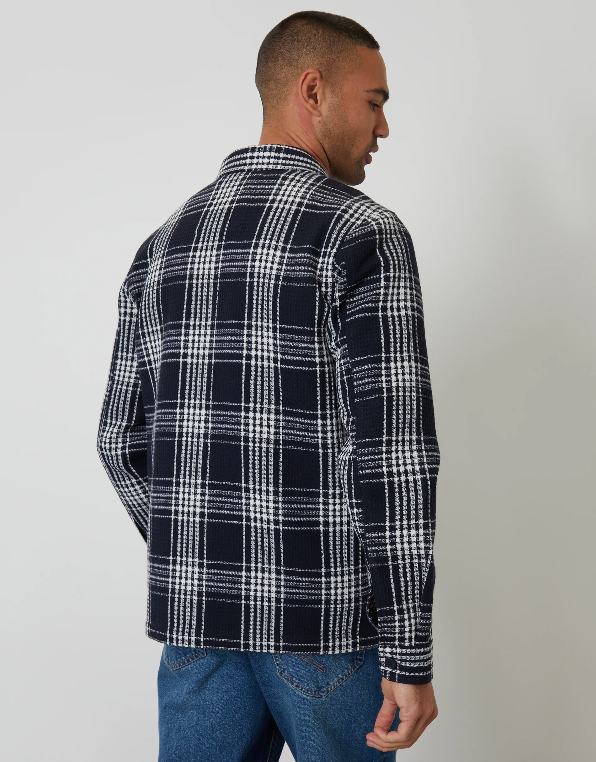 Waffle Textured Shacket in Navy Check - Image 2