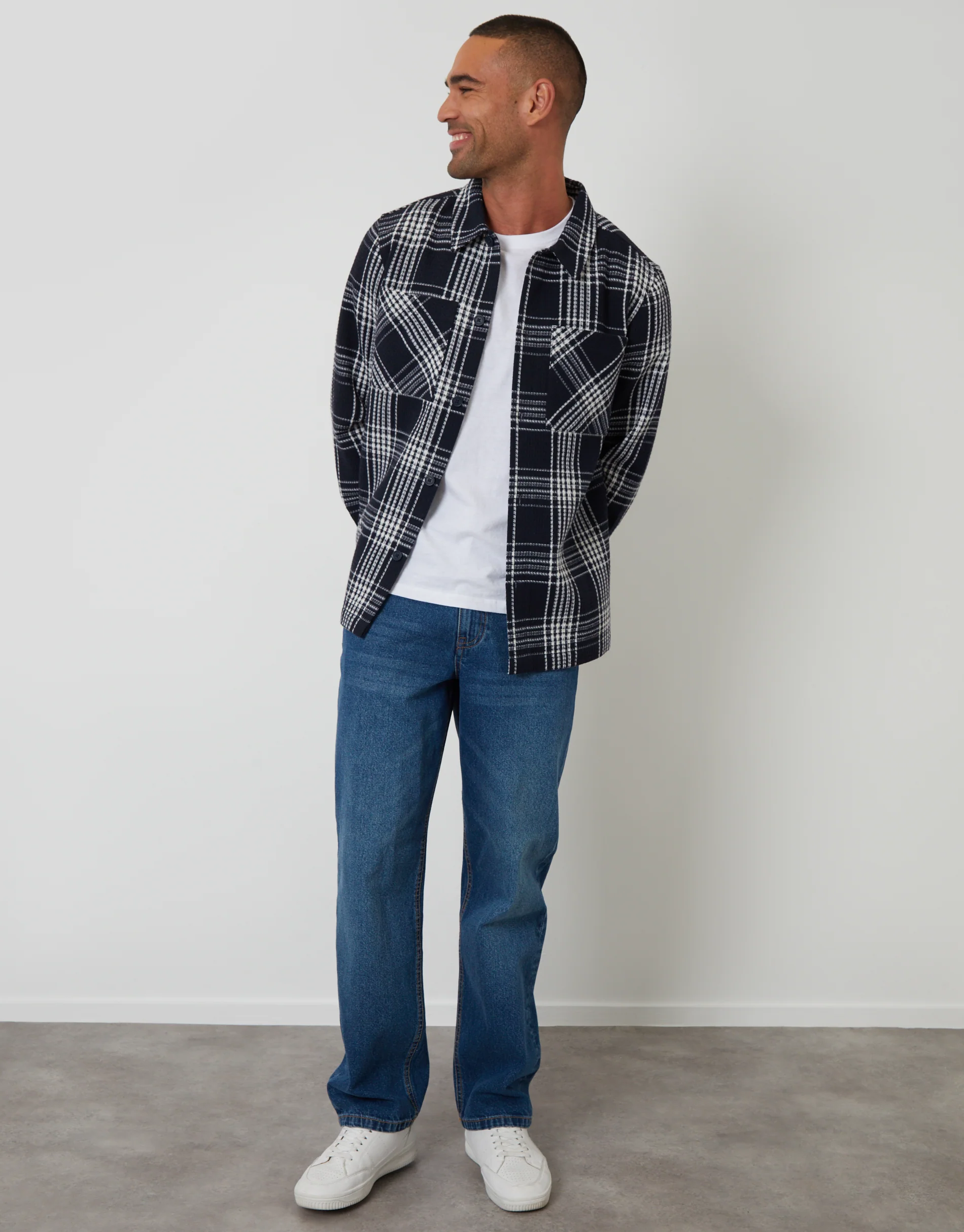 Waffle Textured Shacket in Navy Check - Image 3