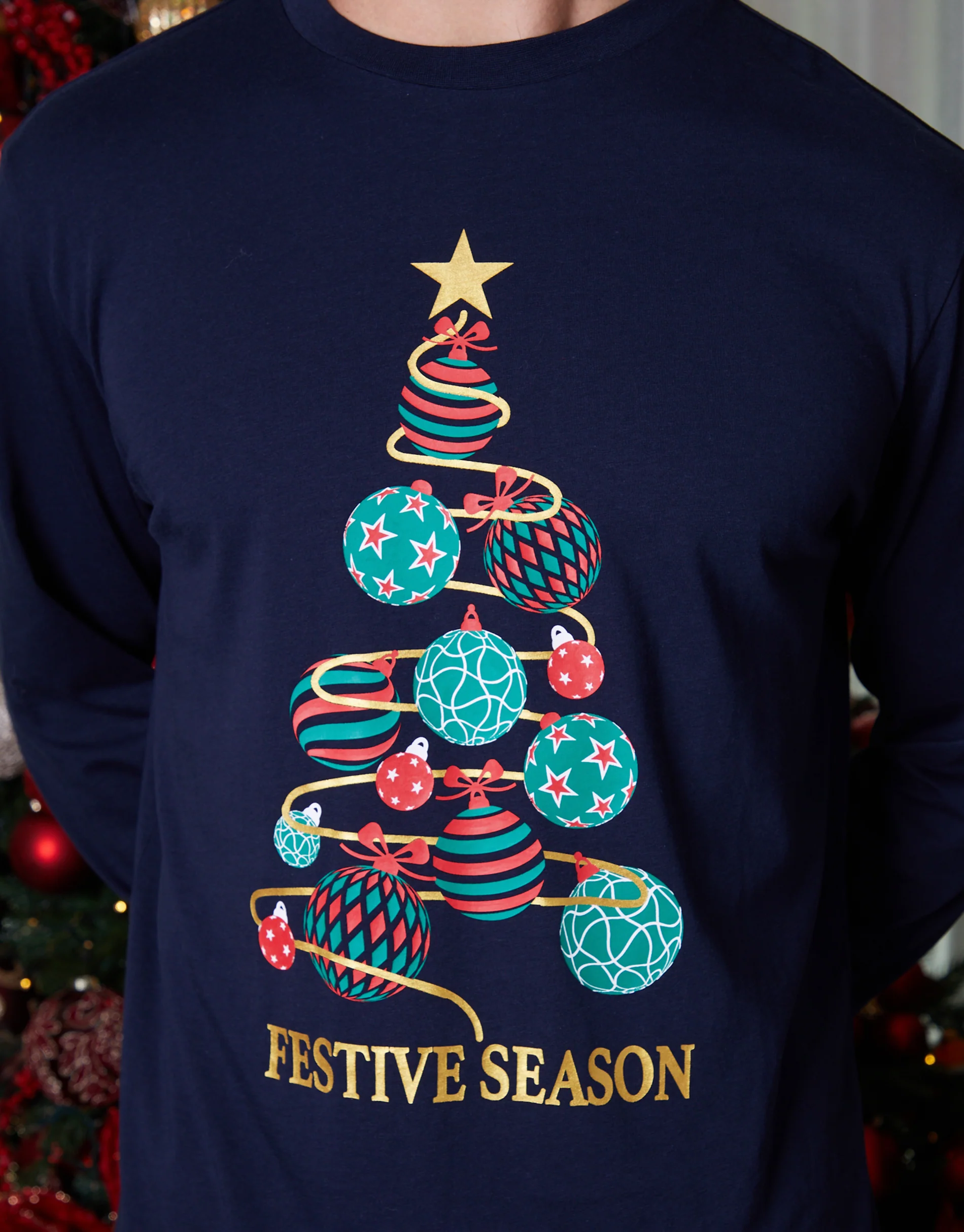 Christmas Tree Graphic Long Pyjama Set in Navy - Image 4