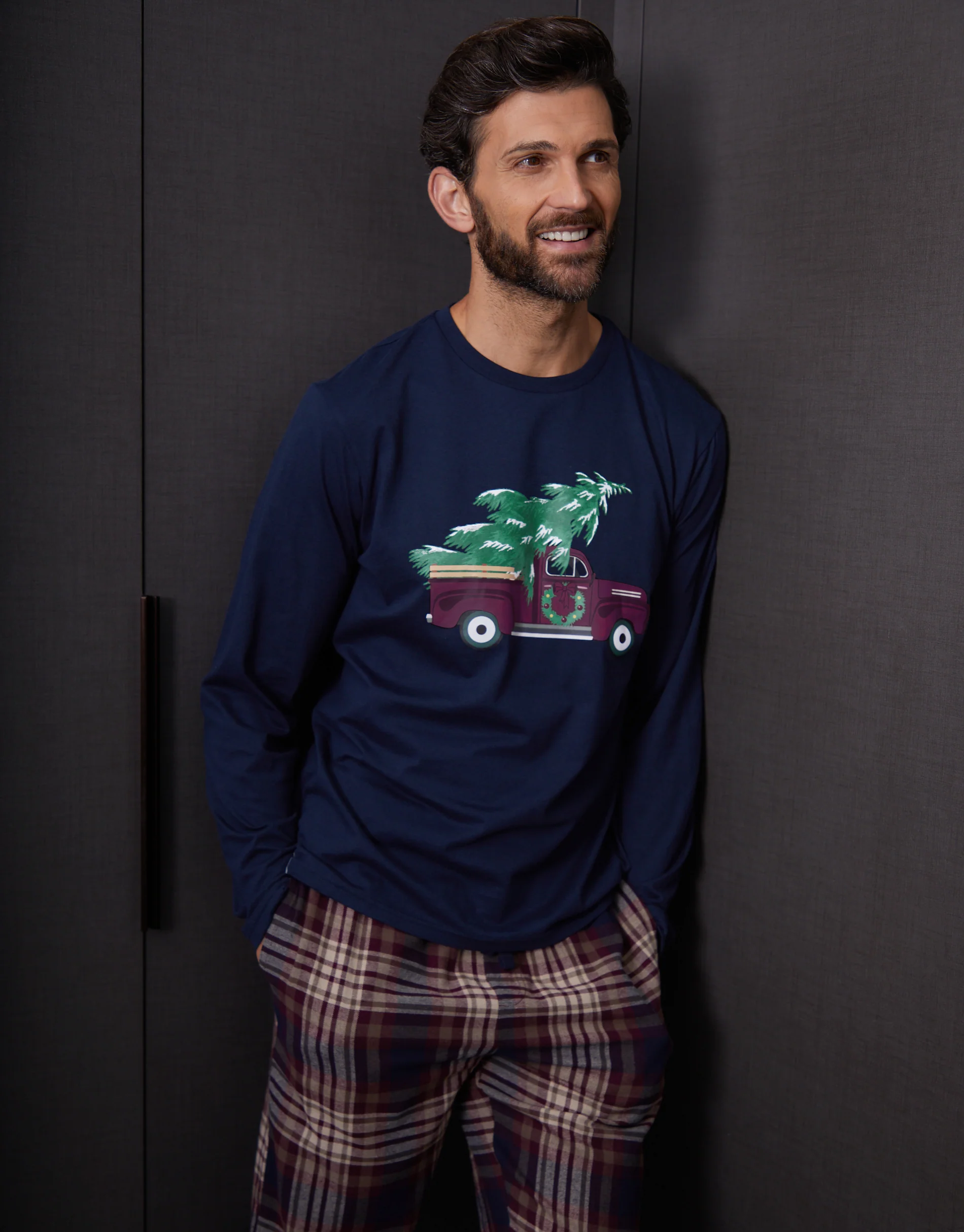 Christmas Truck Graphic Long Pyjama Set in Navy