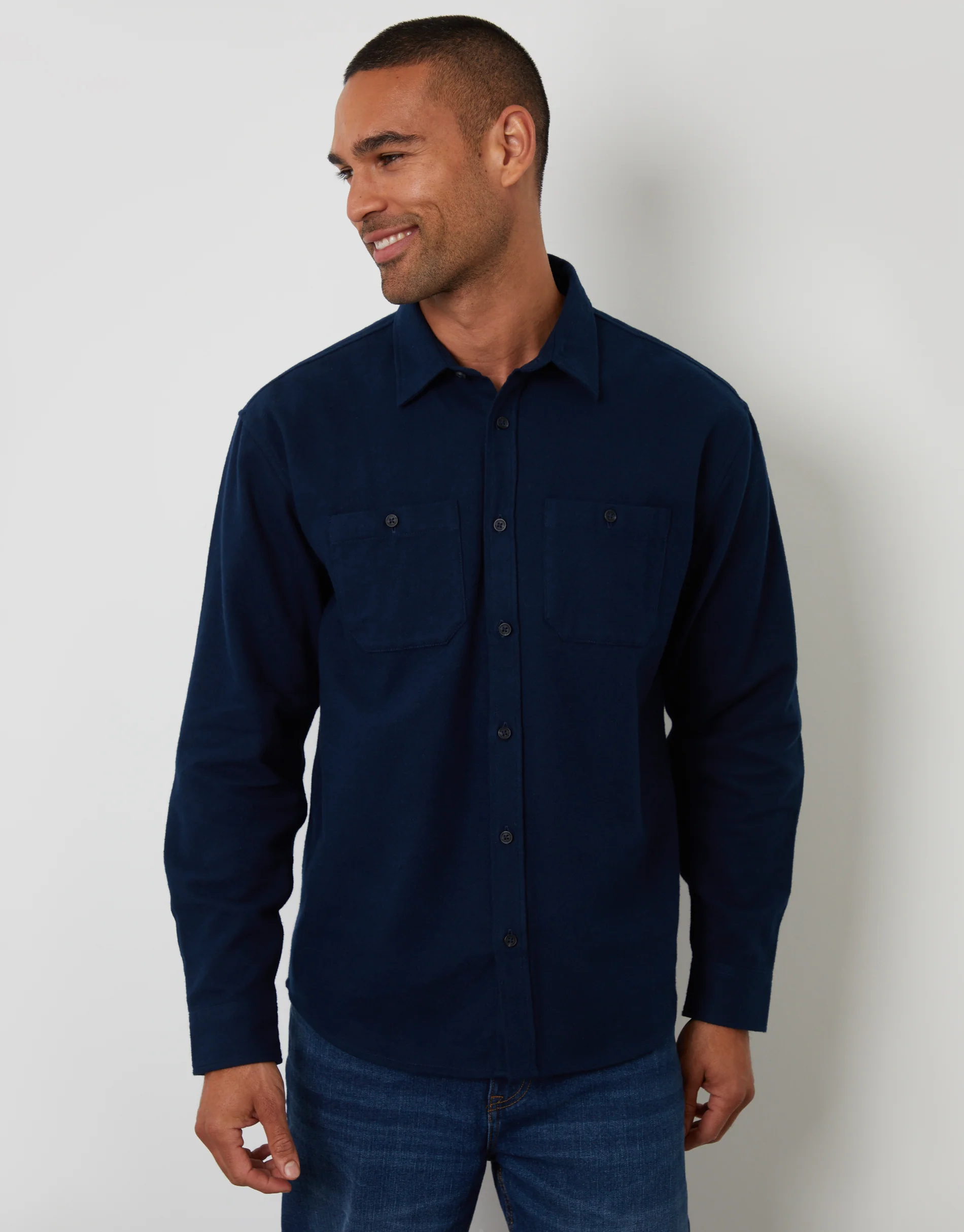 Relaxed Fit Cotton Flannel Shirt in Navy