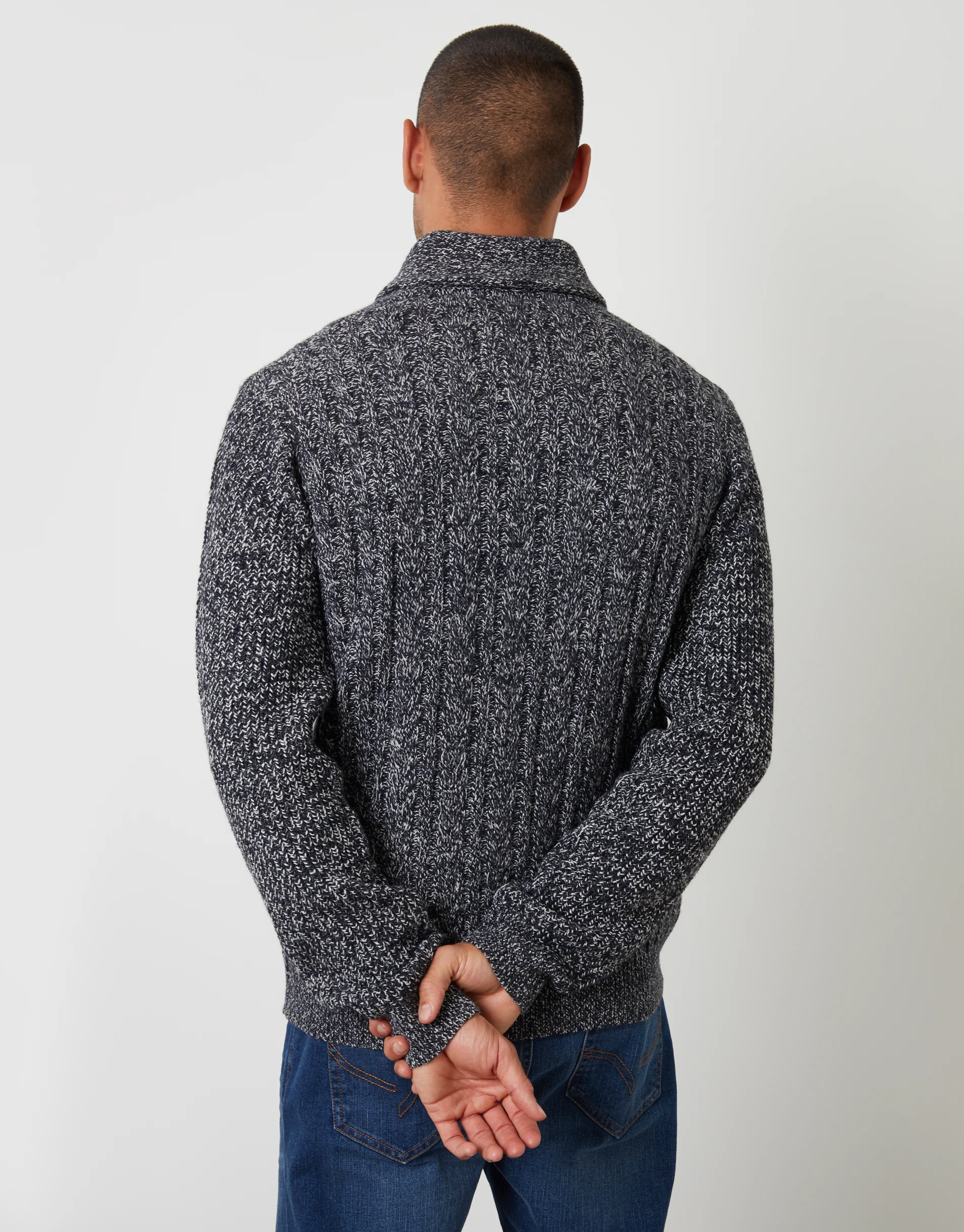 Cable Knit Shawl Cardigan in Navy & Ecru - Image 2