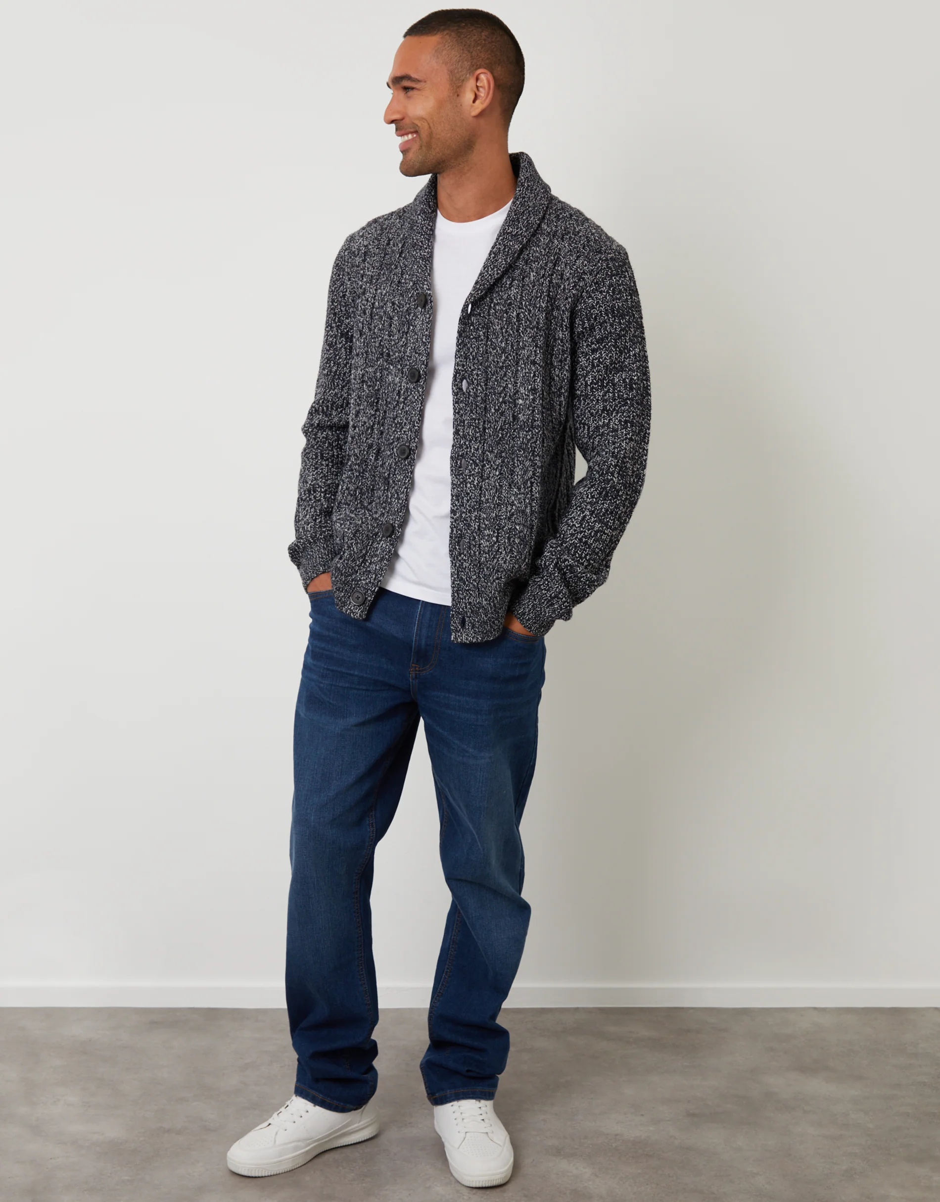 Cable Knit Shawl Cardigan in Navy & Ecru - Image 3