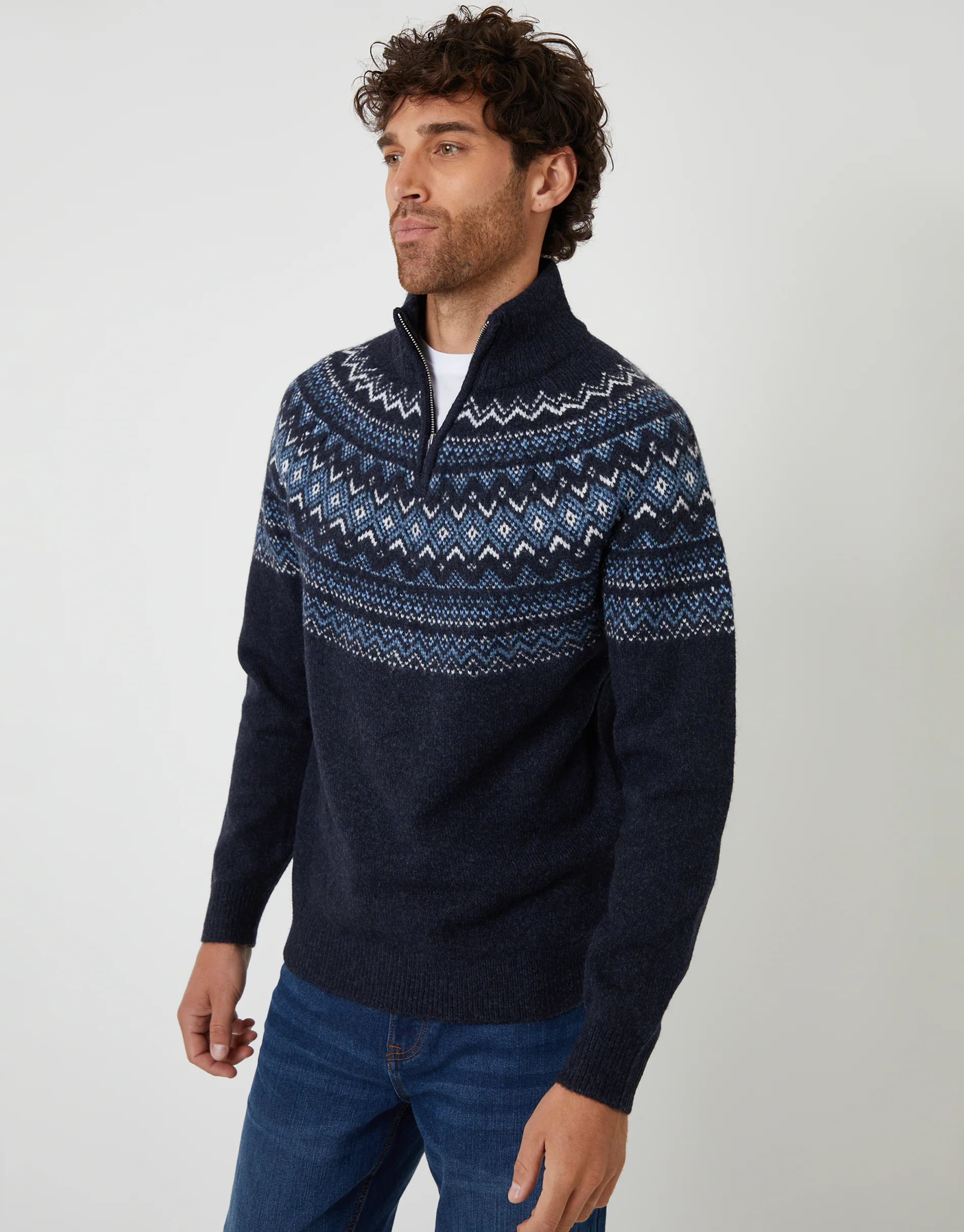Fairisle Quarter Zip Knitted Jumper in Navy