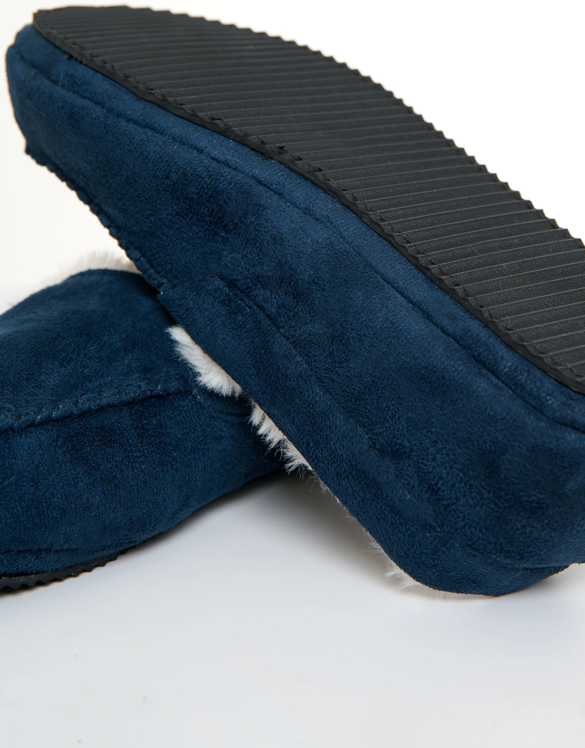 Faux Suede Faux Fur Lined Moccasin Slippers in Navy - Image 5