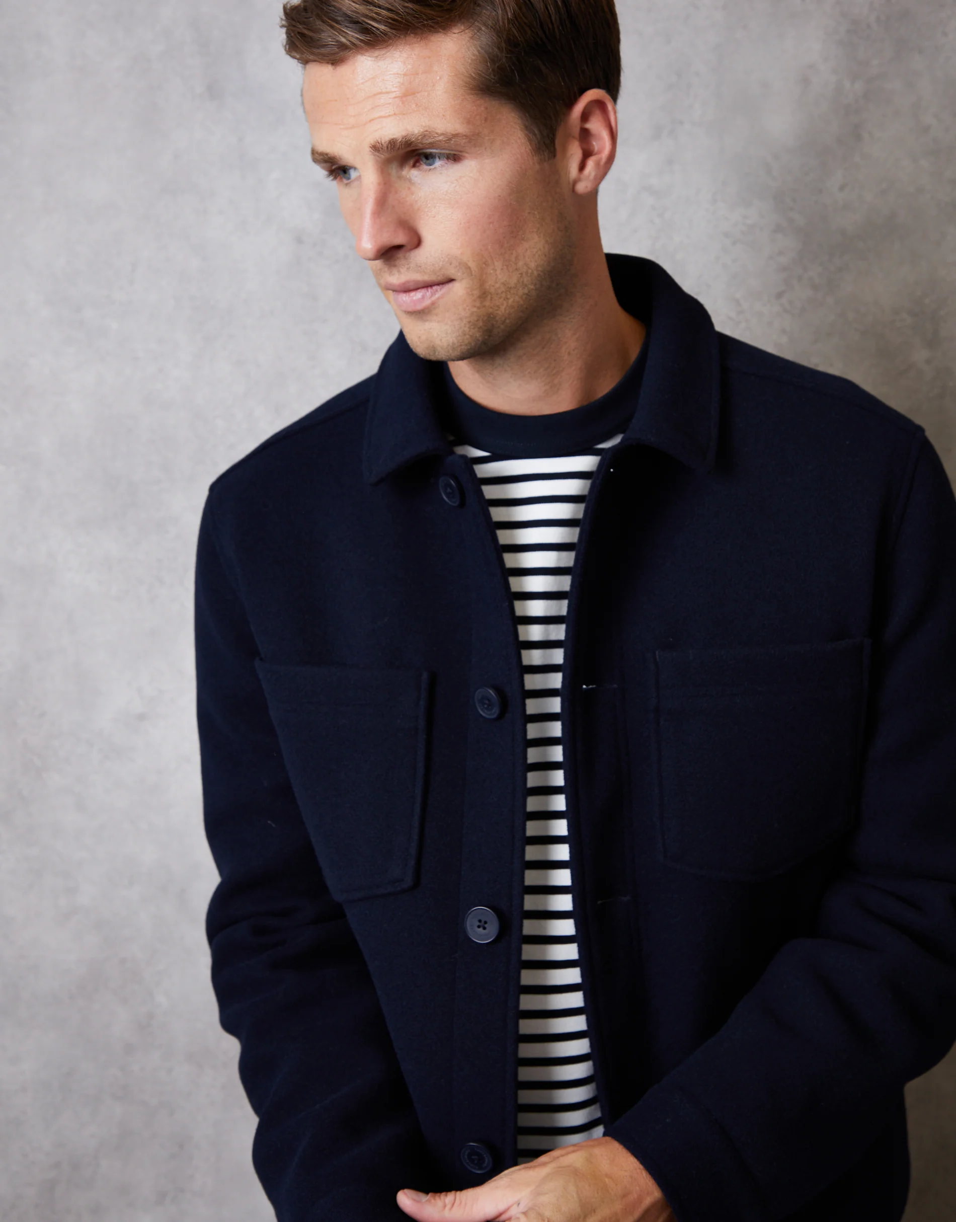 Faux Wool Button Up Quilted Shacket in Navy