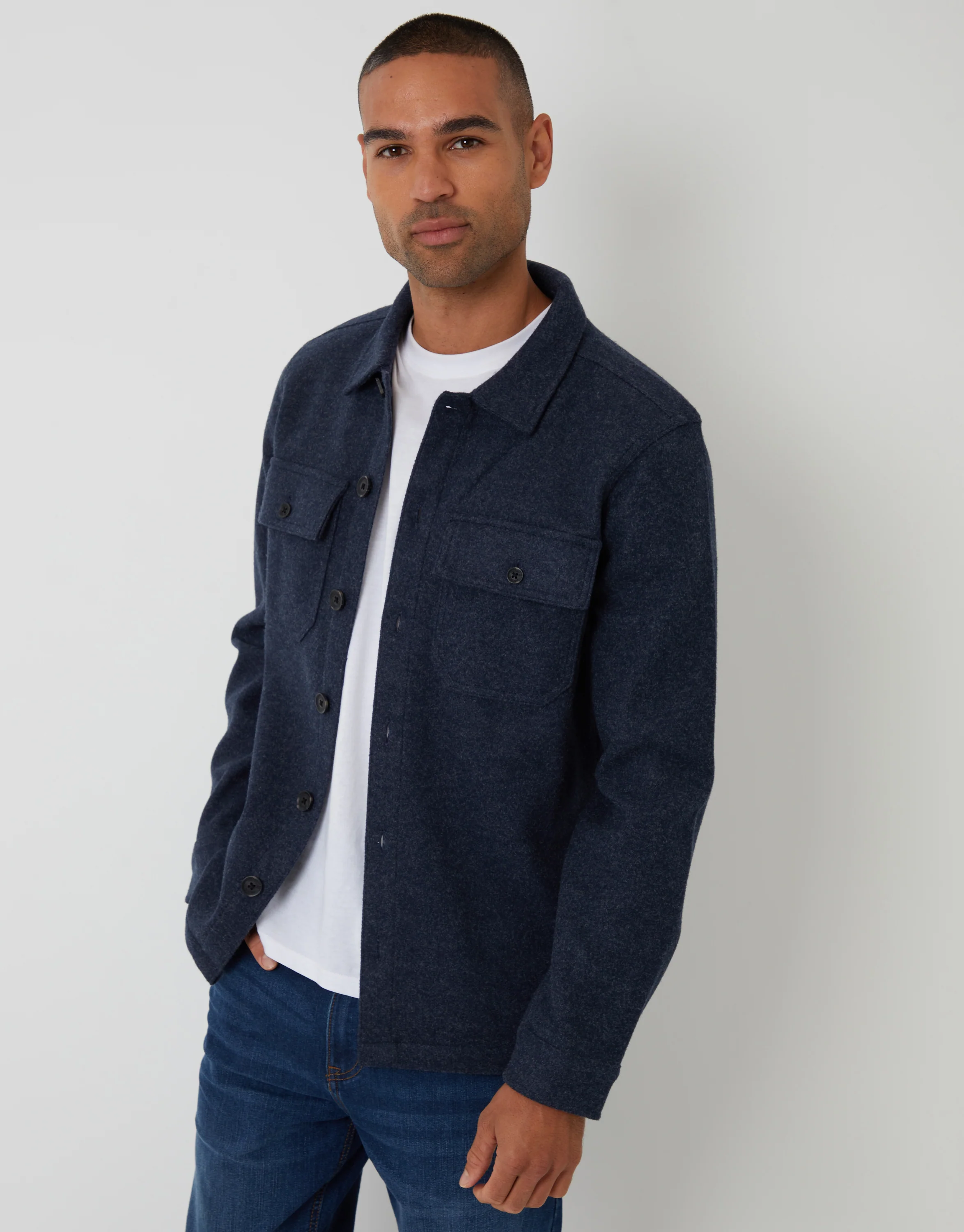 Faux Wool Button Up Shacket in Navy