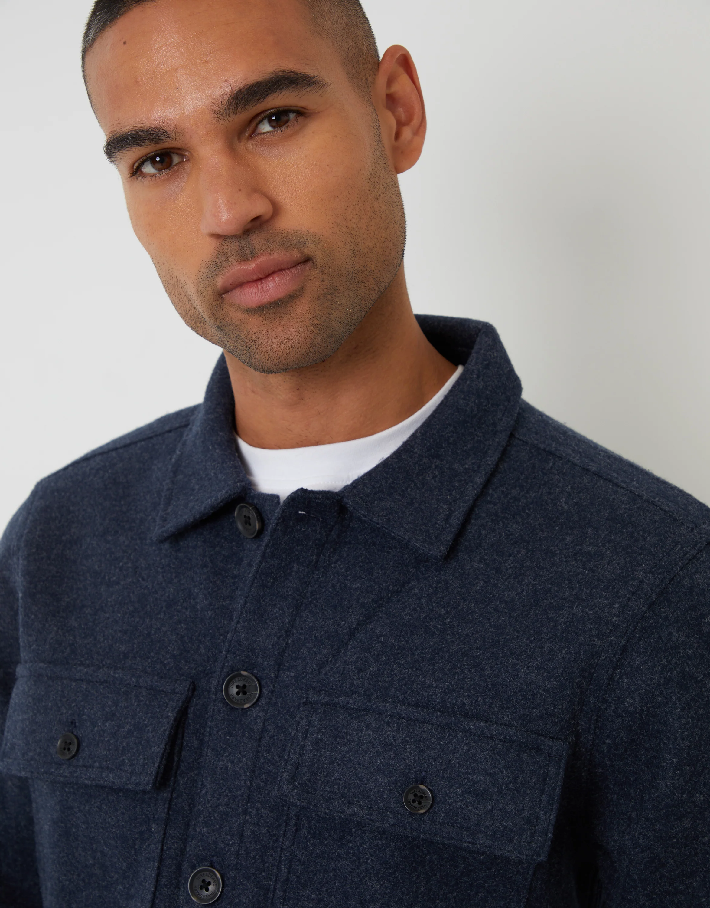 Faux Wool Button Up Shacket in Navy - Image 4