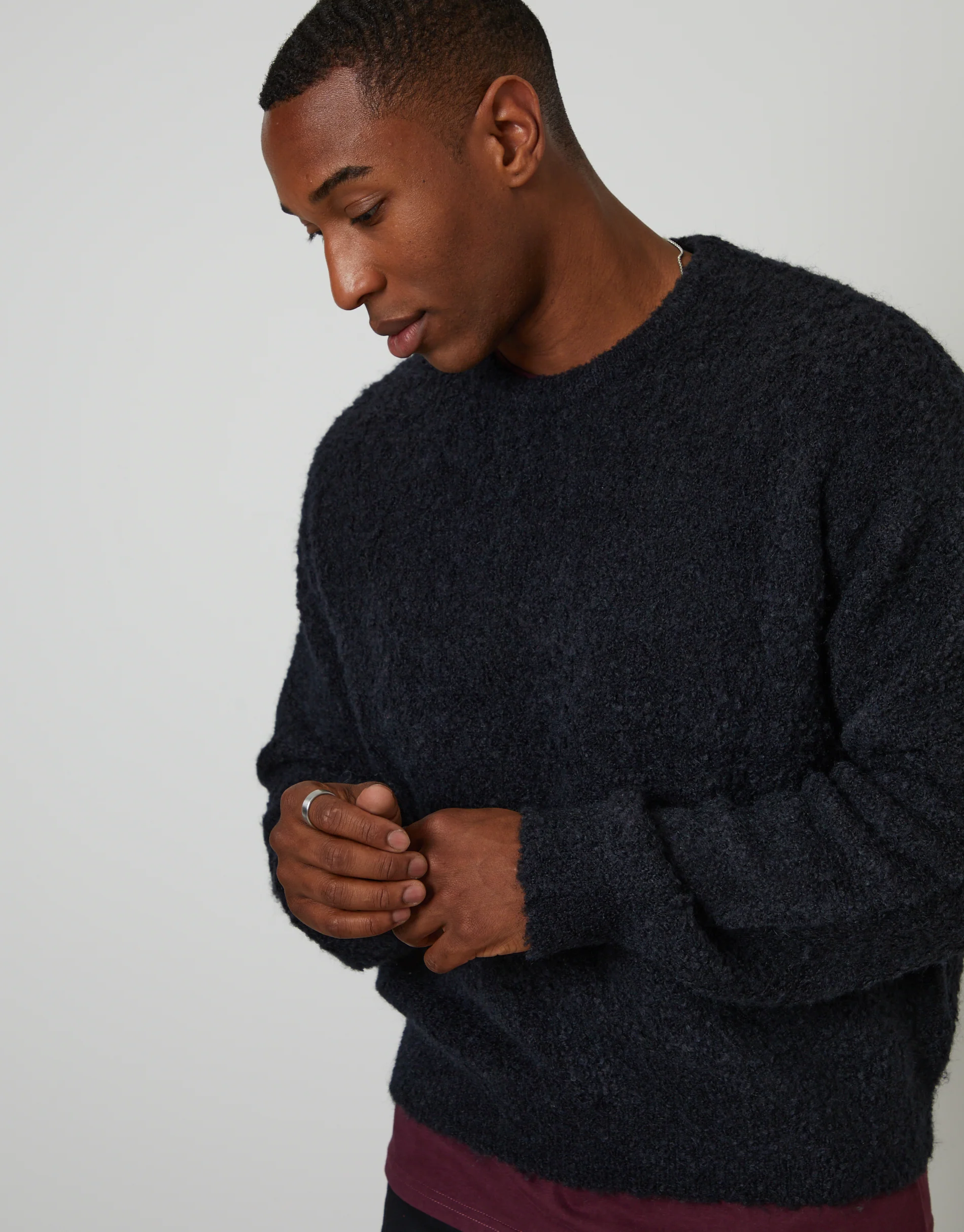 Fluffy Knit Crew Neck Jumper in Navy