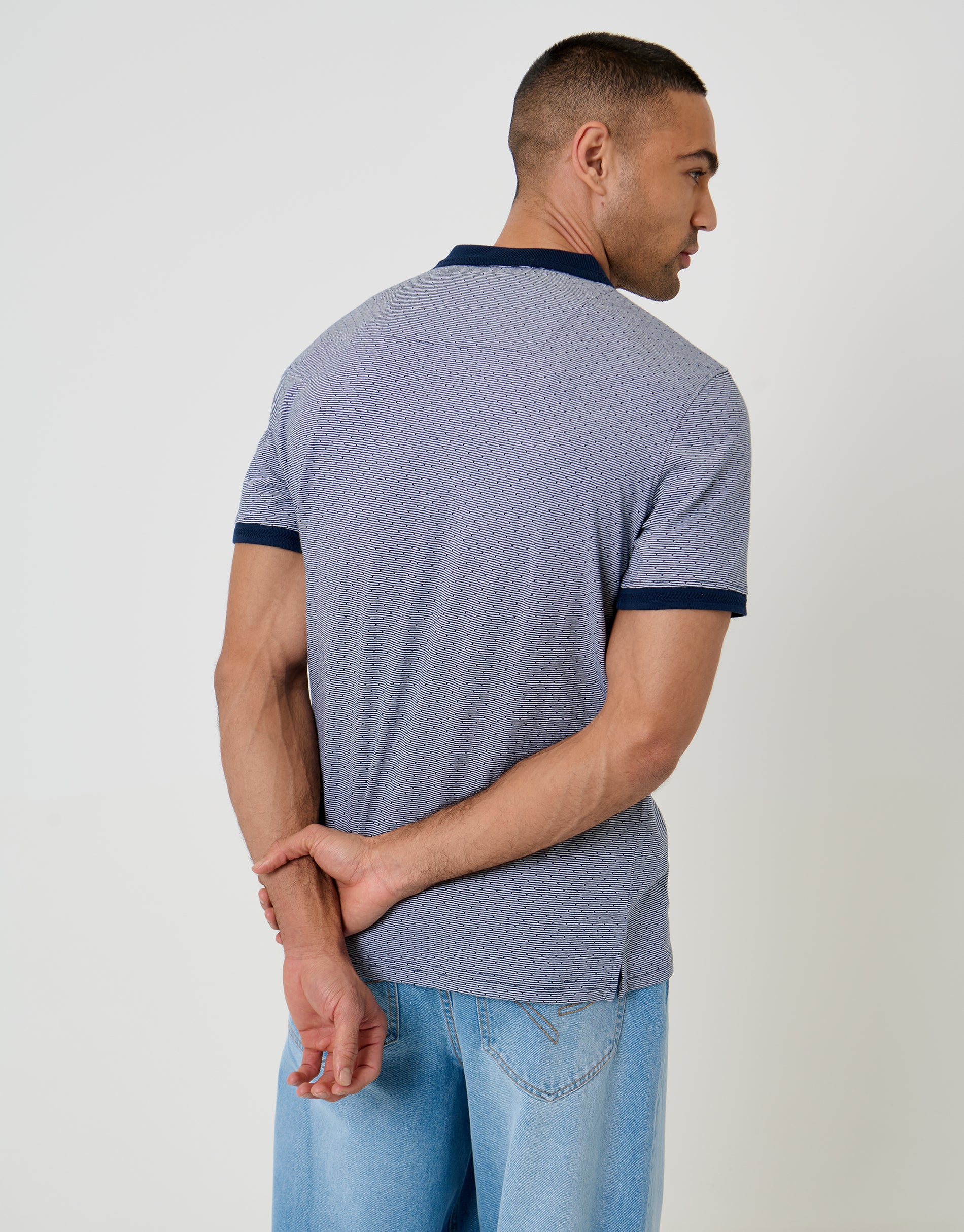 Jacquard Trophy Neck Polo Shirt in Navy - Image 2