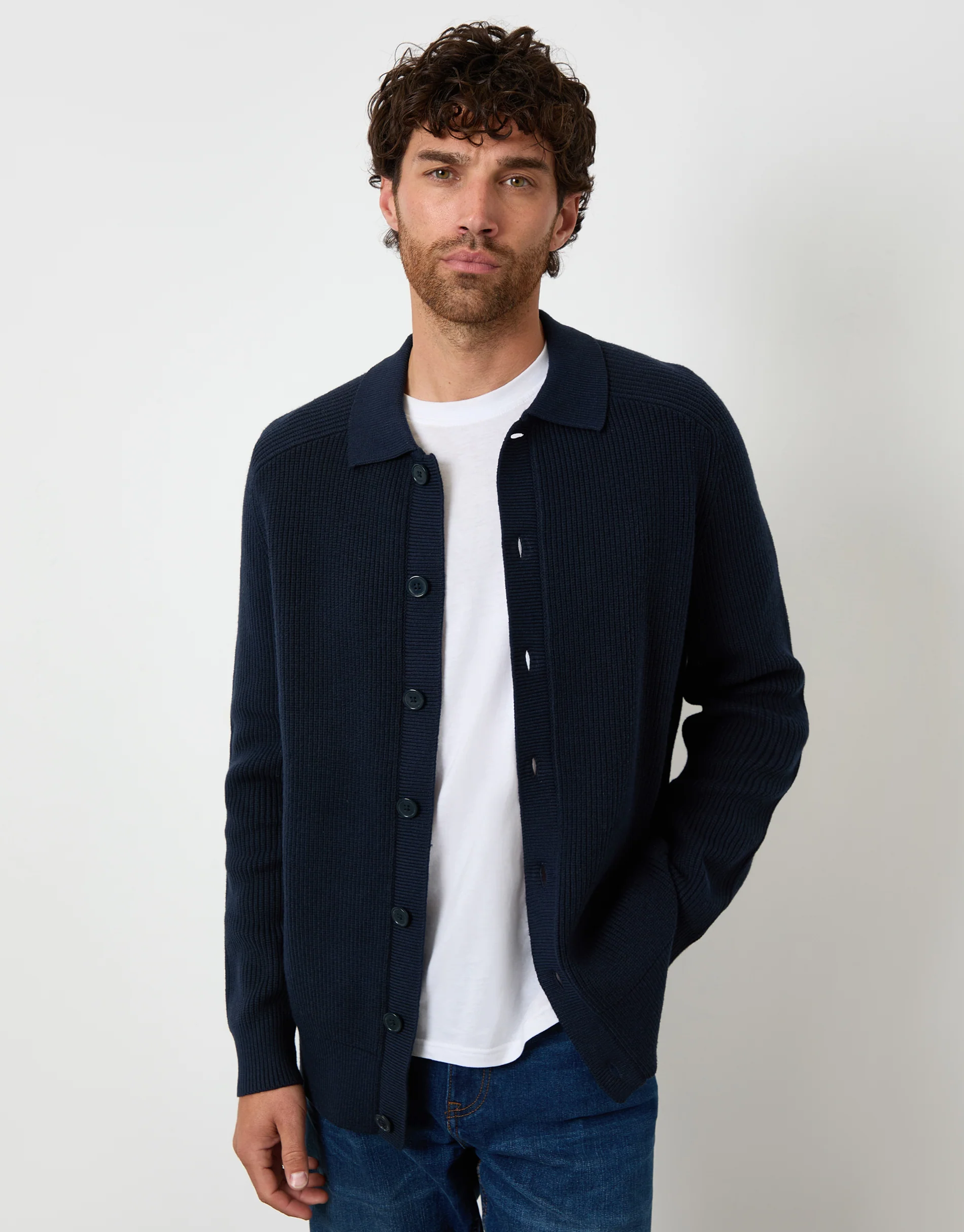 Knitted Collared Cardigan Jacket in Navy