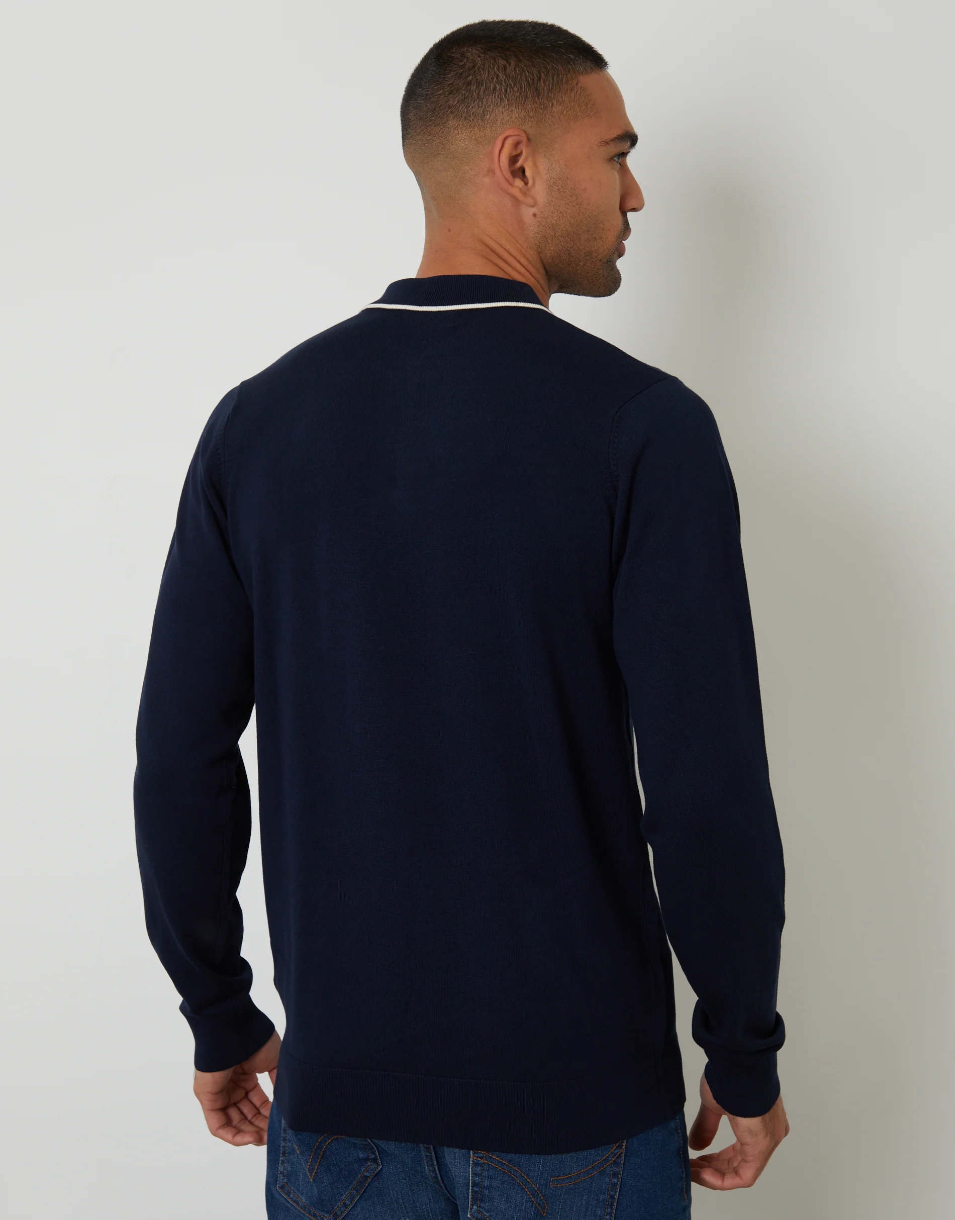 Knitted Long Sleeve Contrast Tipping Polo Jumper in Navy - Image 2