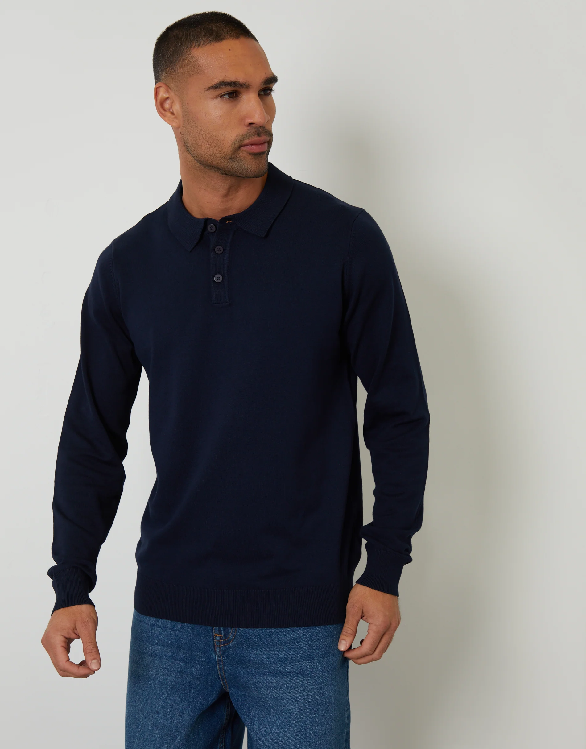 Knitted Long Sleeve Polo Jumper in Navy