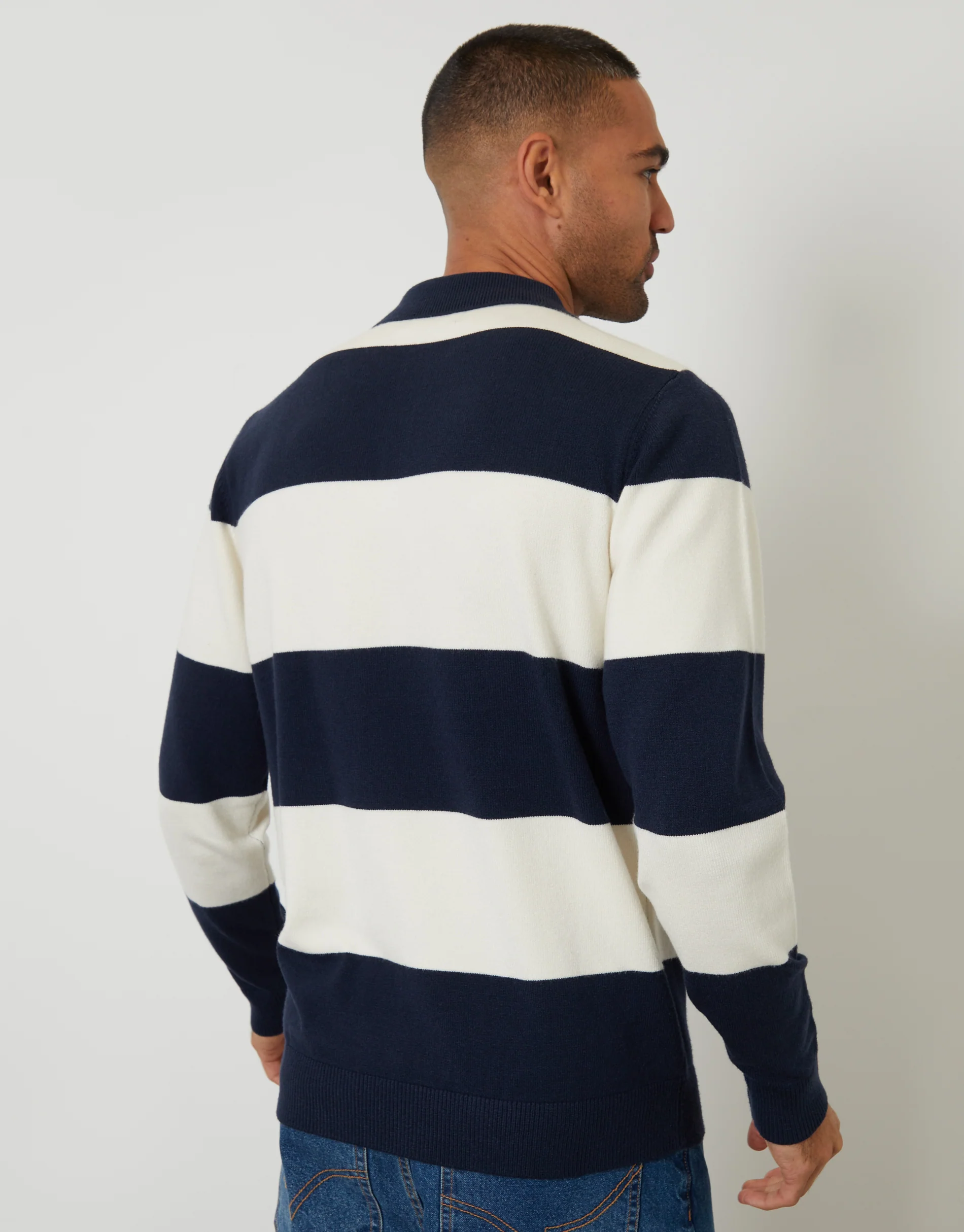 Knitted Long Sleeve Rugby Polo in Navy Stripe - Image 2
