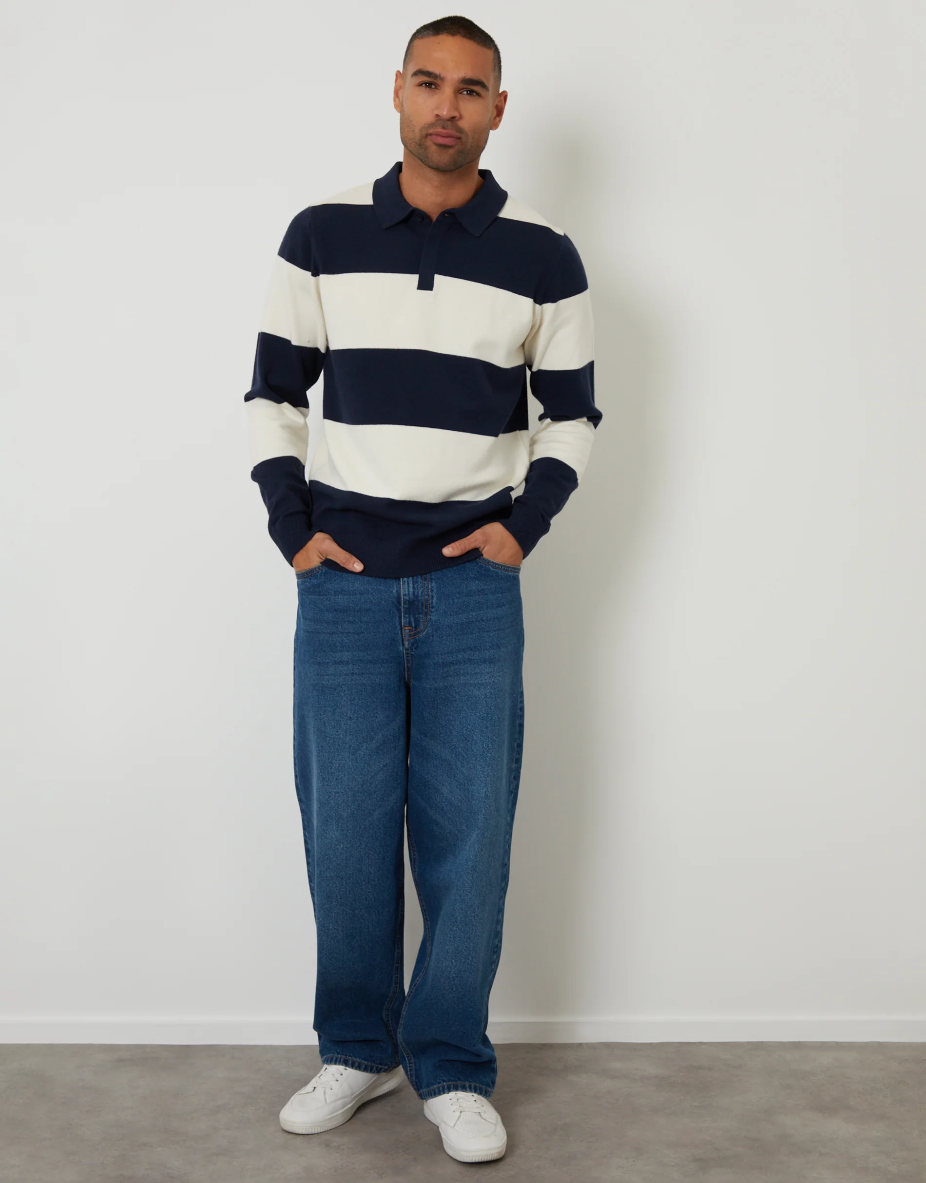 Knitted Long Sleeve Rugby Polo in Navy Stripe - Image 3