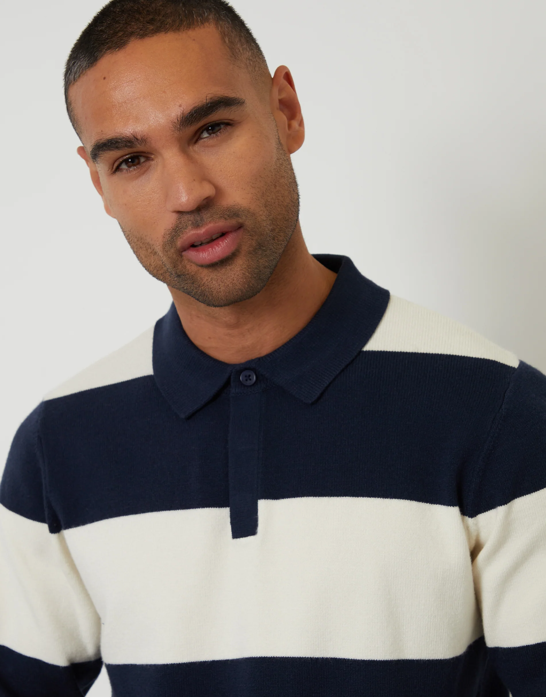 Knitted Long Sleeve Rugby Polo in Navy Stripe - Image 4