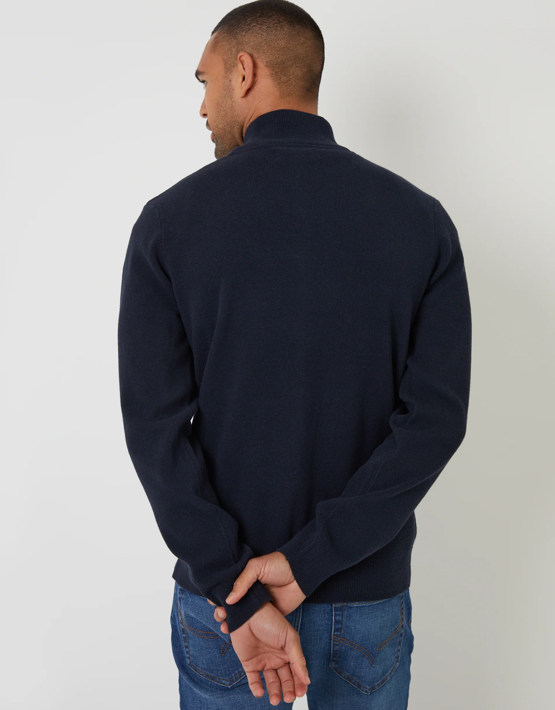 Knitted Zip Up Funnel Neck Cardigan in Navy - Image 2