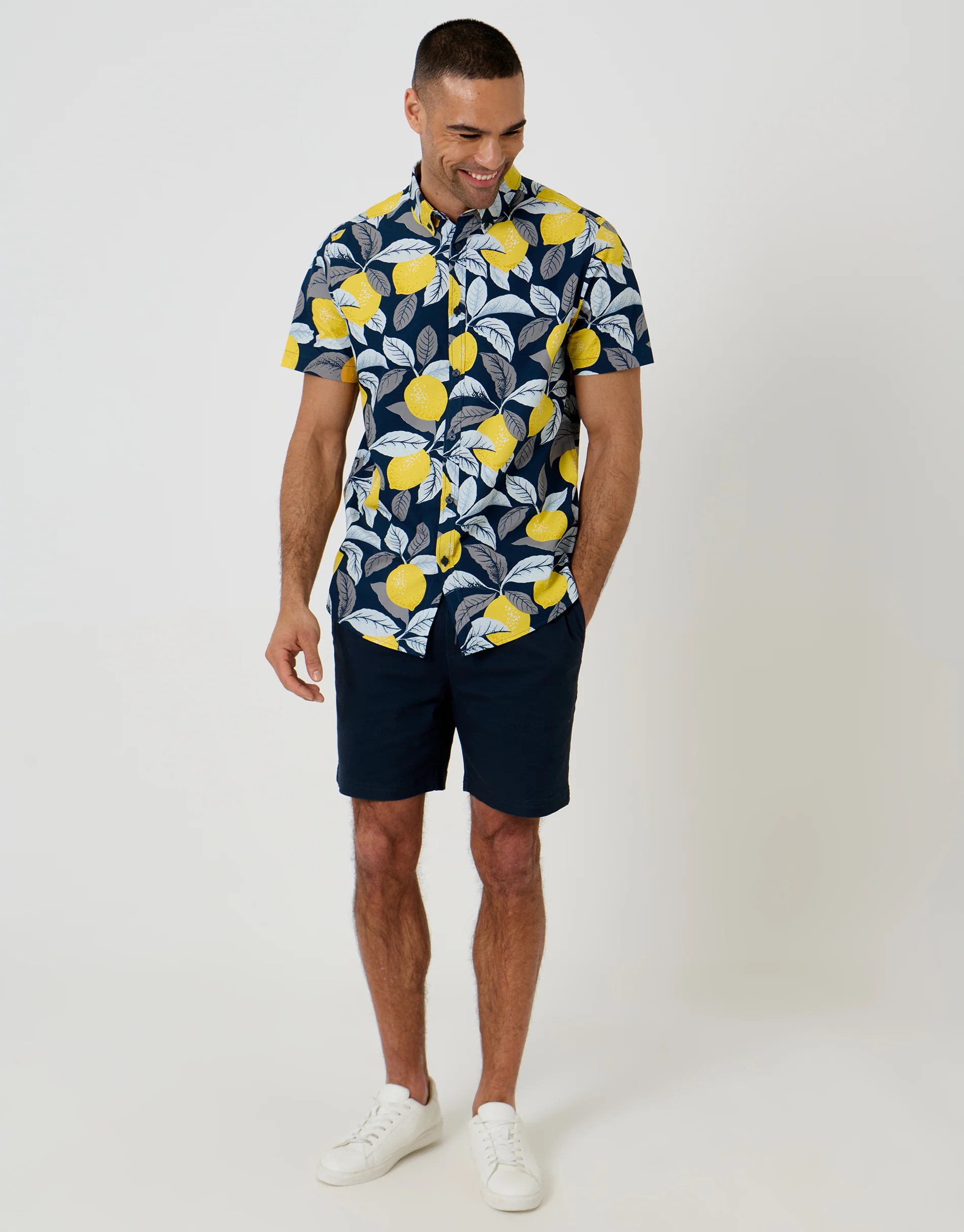 Lemon Print Cotton Poplin Short Sleeve Shirt in Navy - Image 3