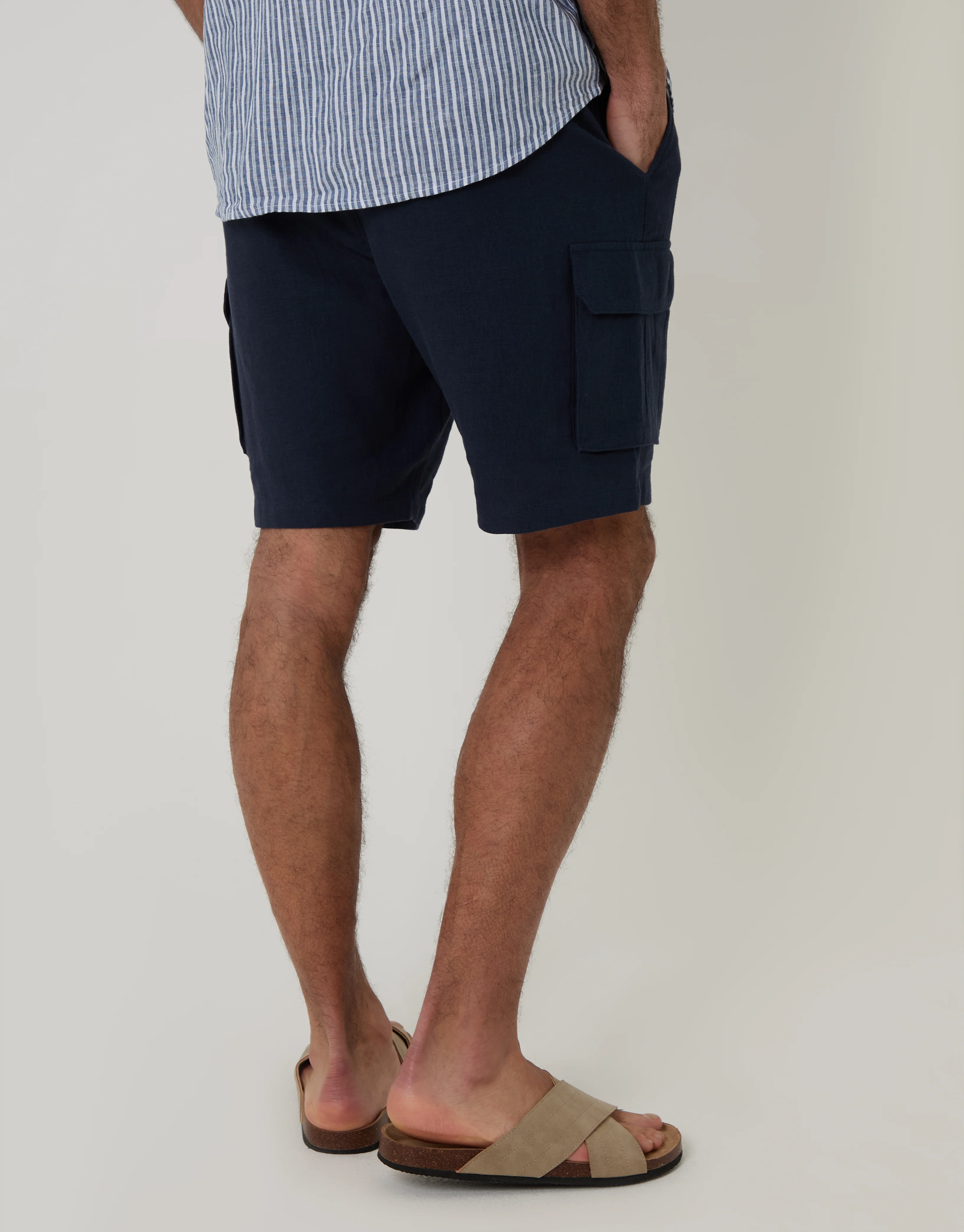 Linen Blend Cargo Shorts in Navy - Image 3
