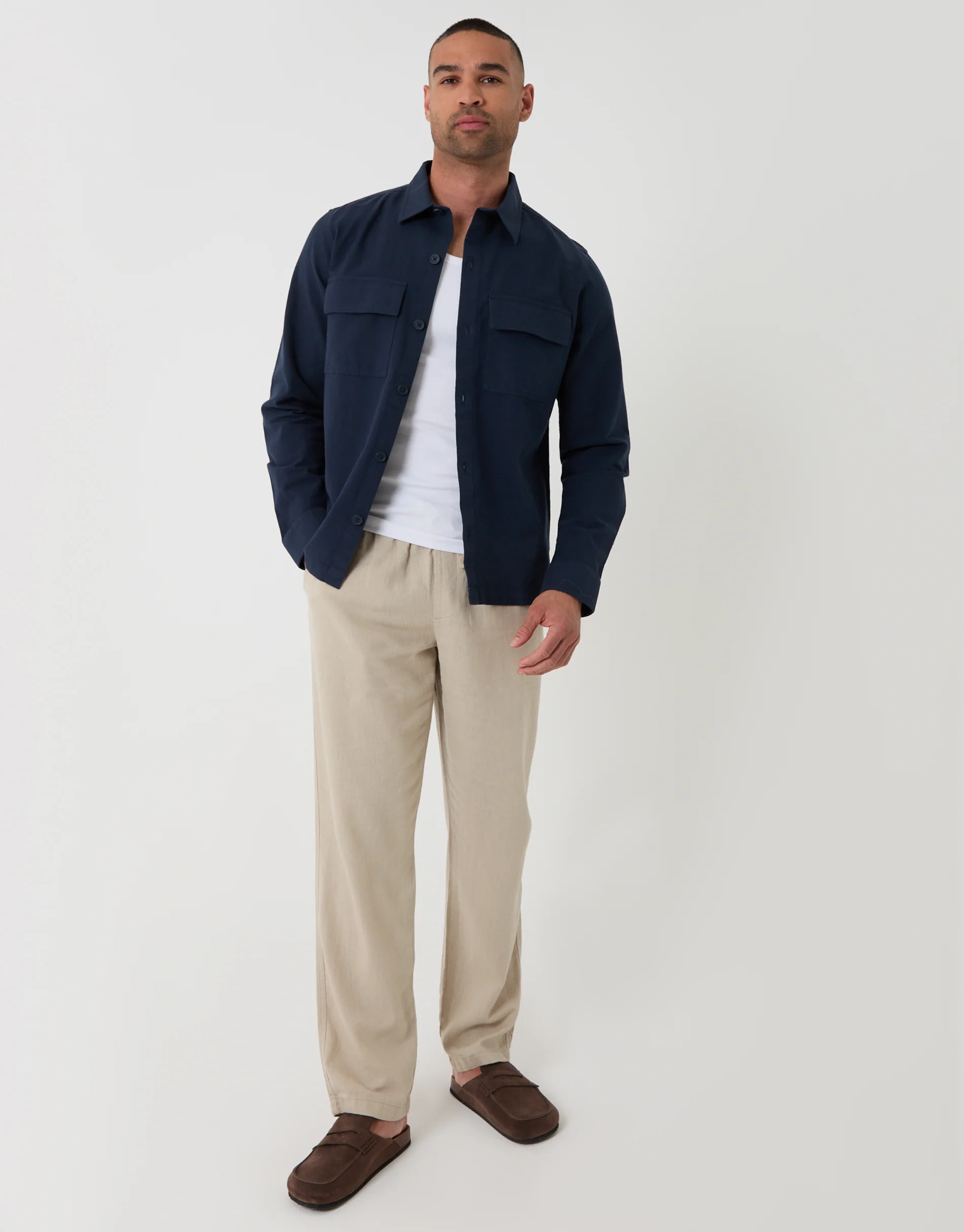 Linen Blend Lightweight Shacket in Navy - Image 3