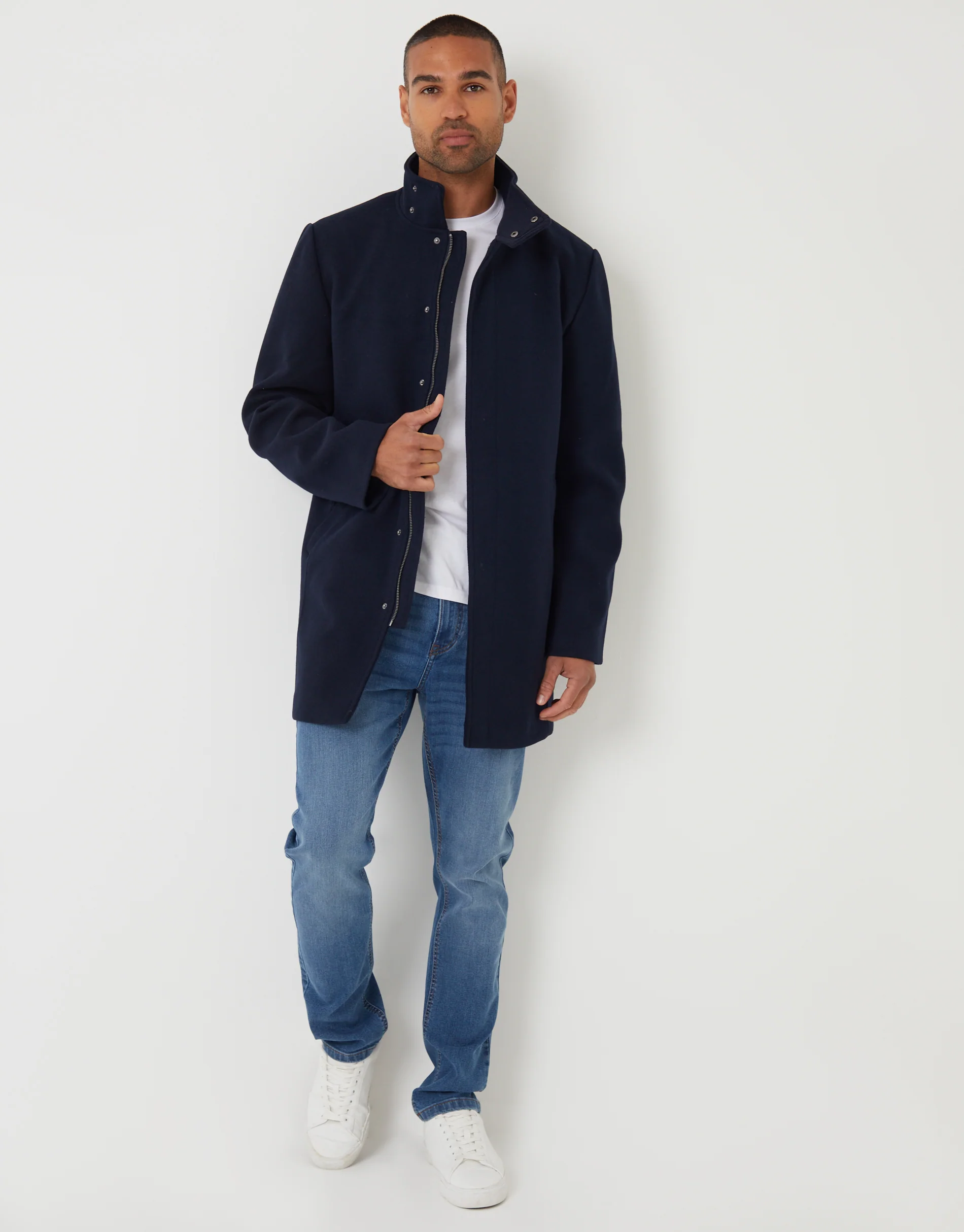 Longline Faux Wool Funnel Neck Coat in Navy - Image 3