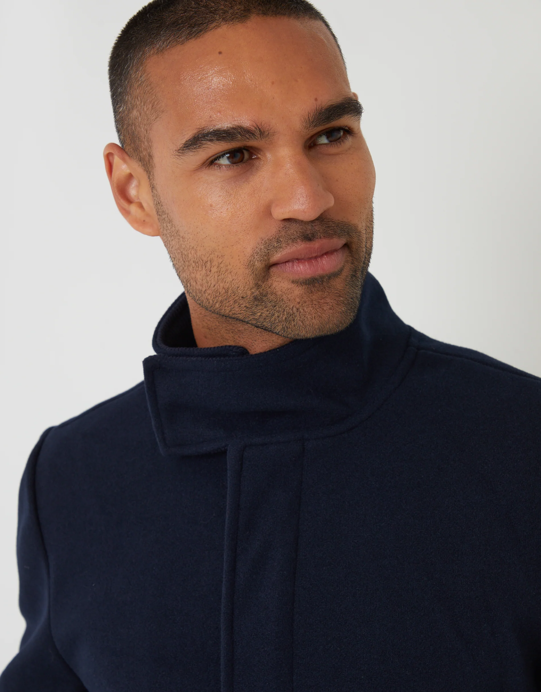 Longline Faux Wool Funnel Neck Coat in Navy - Image 4