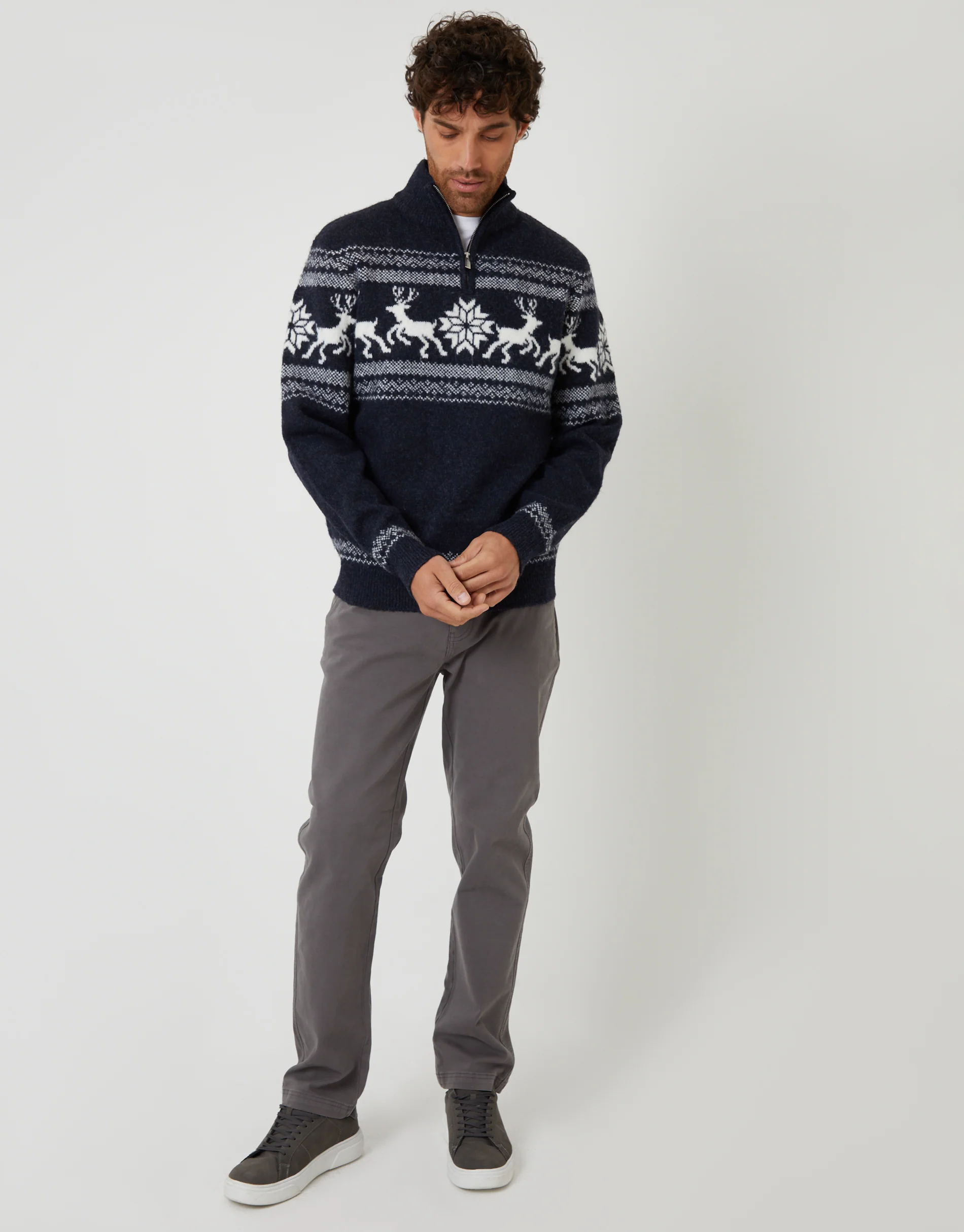 Fairisle Knitted Quarter Zip Christmas Jumper in Navy Marl - Image 3