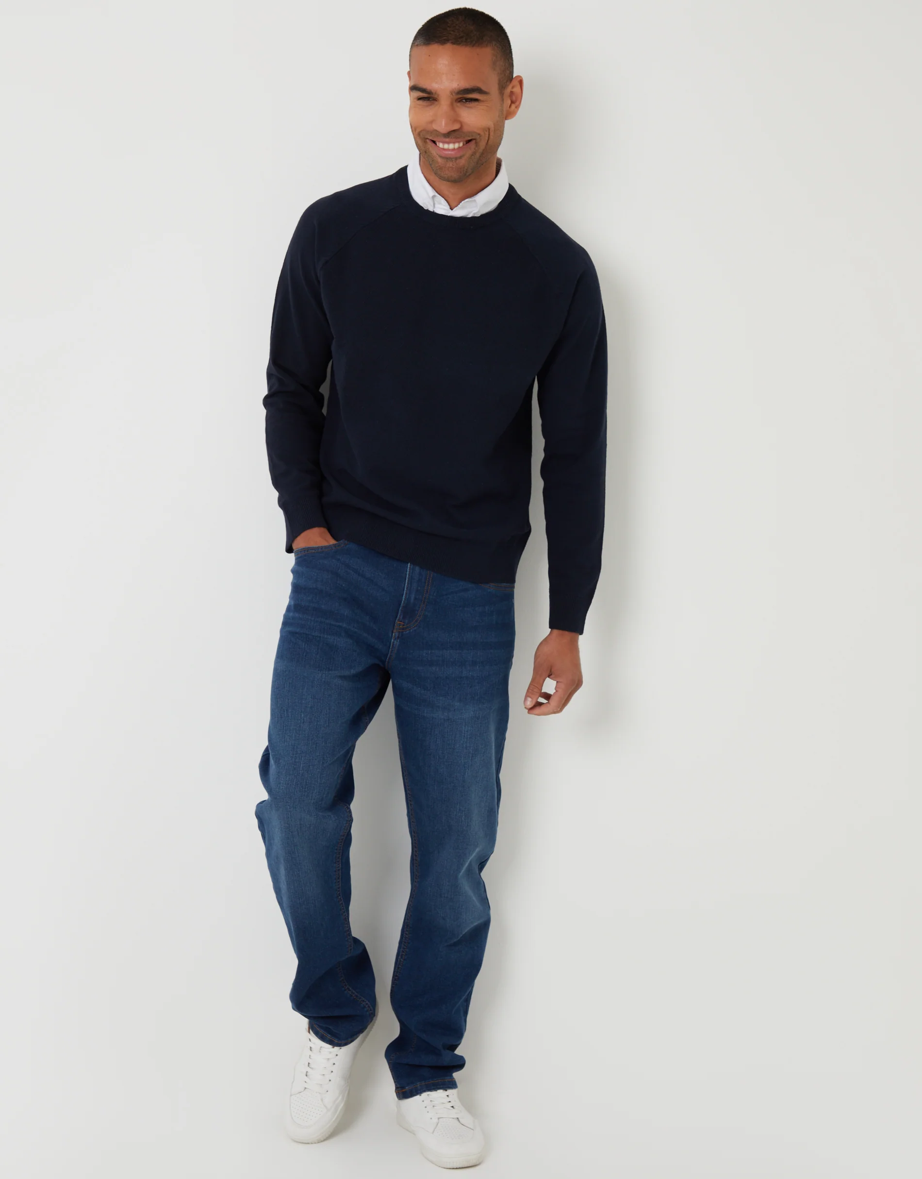 Mock Shirt Raglan Knitted Jumper in Navy - Image 3
