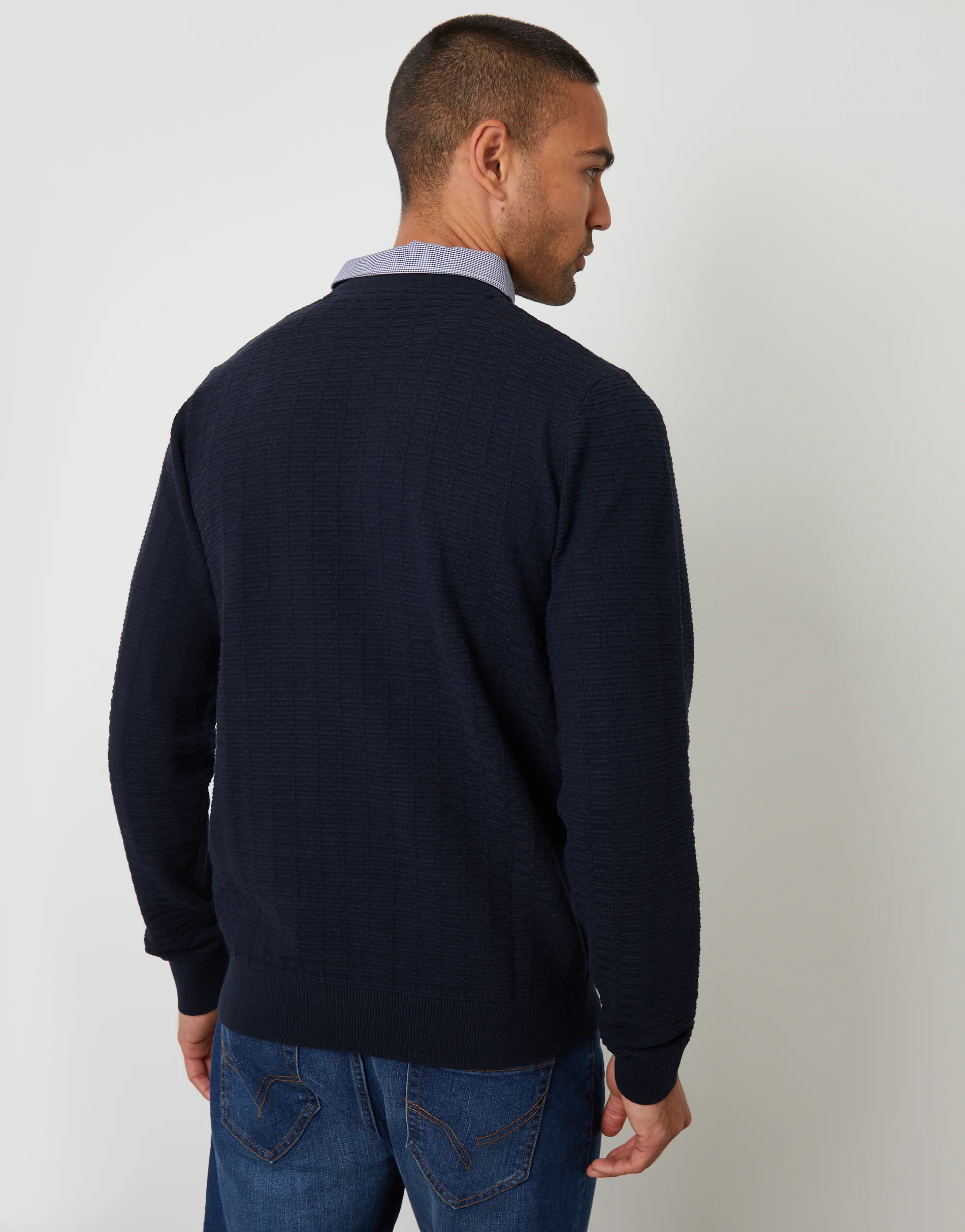 Mock Shirt Textured Knitted Jumper in Navy - Image 2