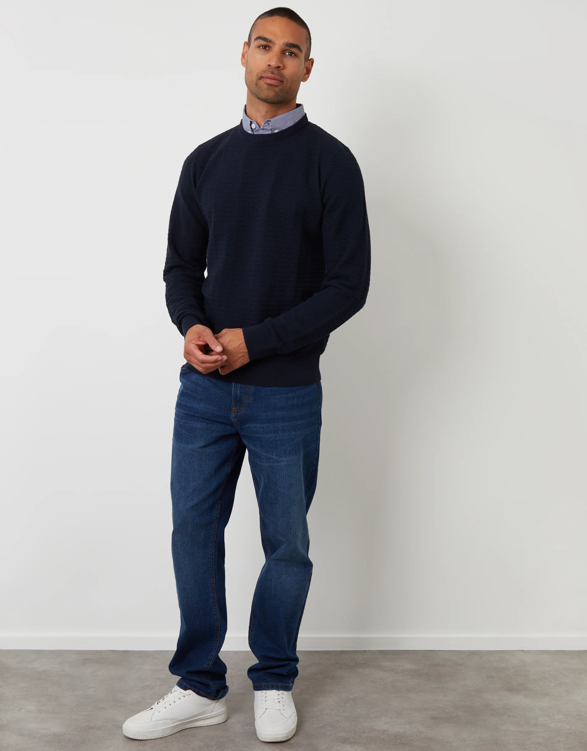 Mock Shirt Textured Knitted Jumper in Navy - Image 3