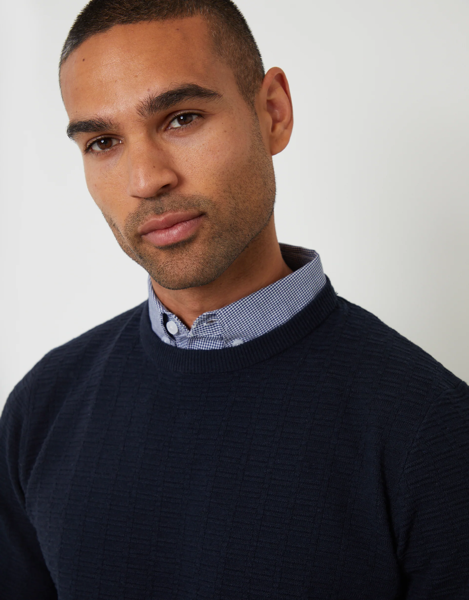 Mock Shirt Textured Knitted Jumper in Navy - Image 4